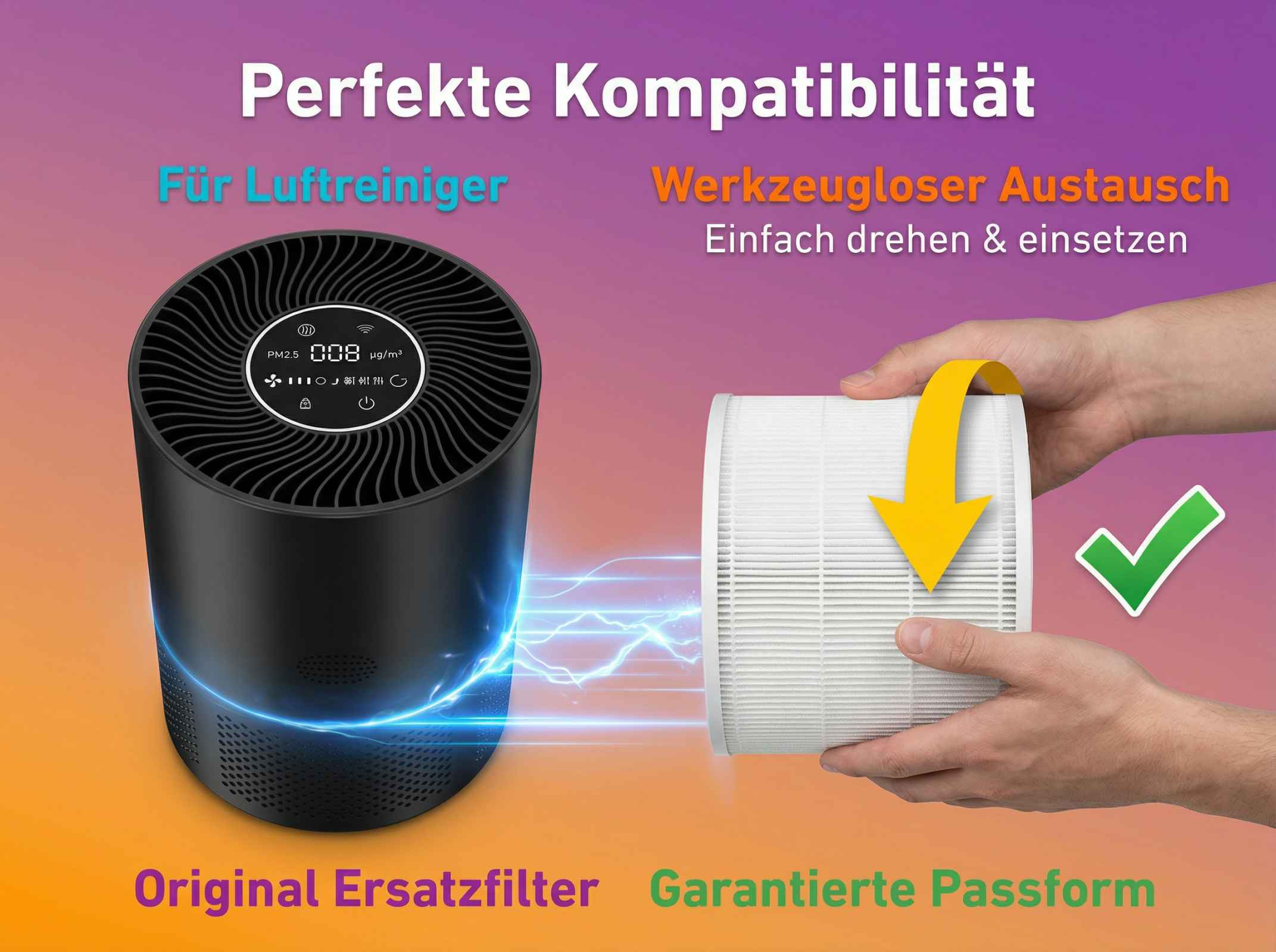 Schwarzer Luftreiniger mit digitaler Anzeige und Ersatzfilter, der von einer Hand gehalten wird.