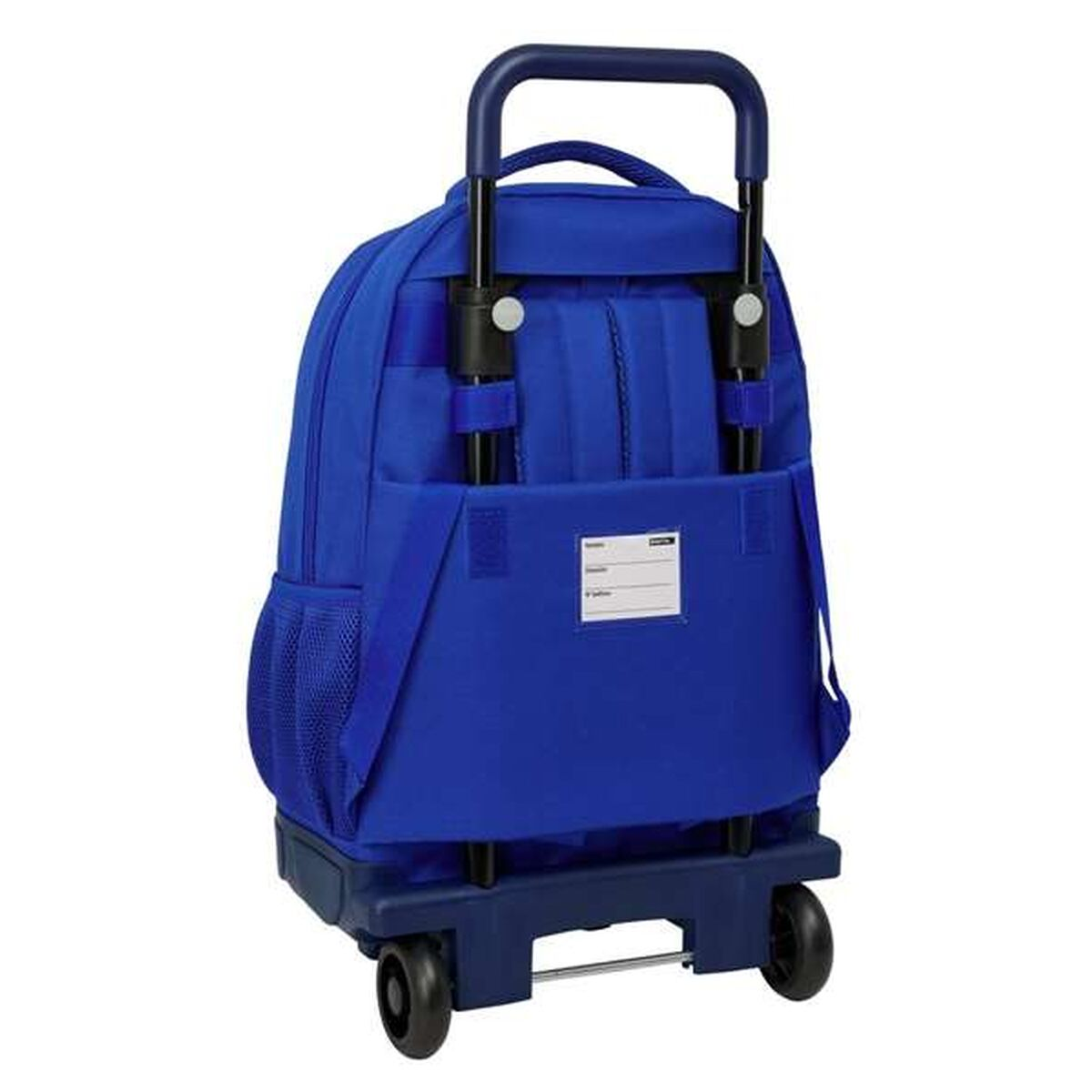 Ein blauer Rollkoffer-Rucksack mit ausziehbarem Griff und Rädern.