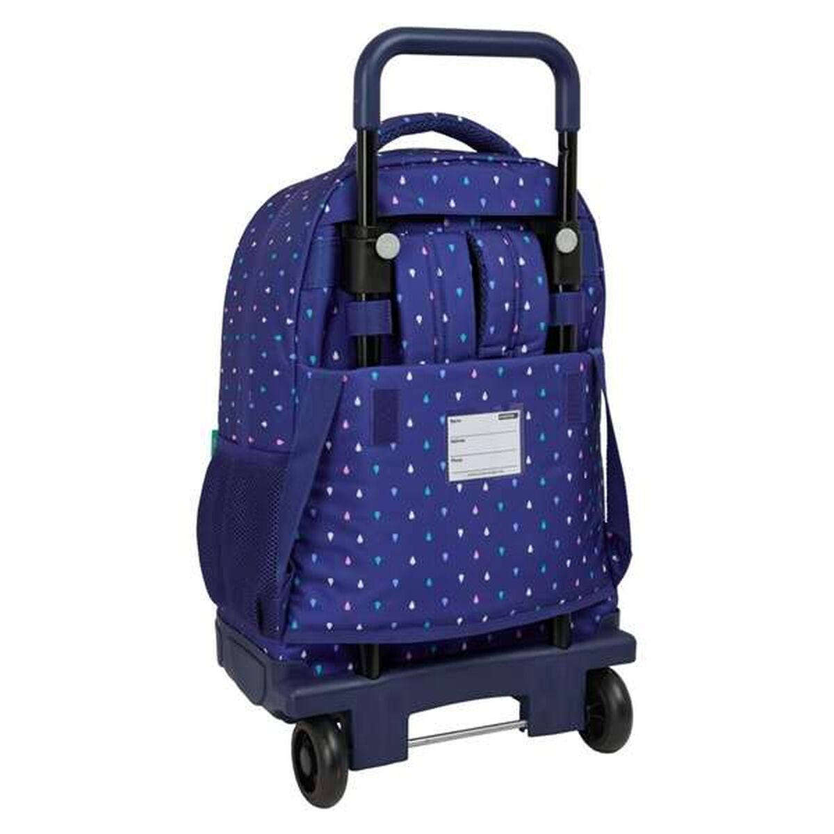 Ein blauer Rucksack mit Rollen und einem ausziehbaren Griff, mit tropfenförmigem Muster.