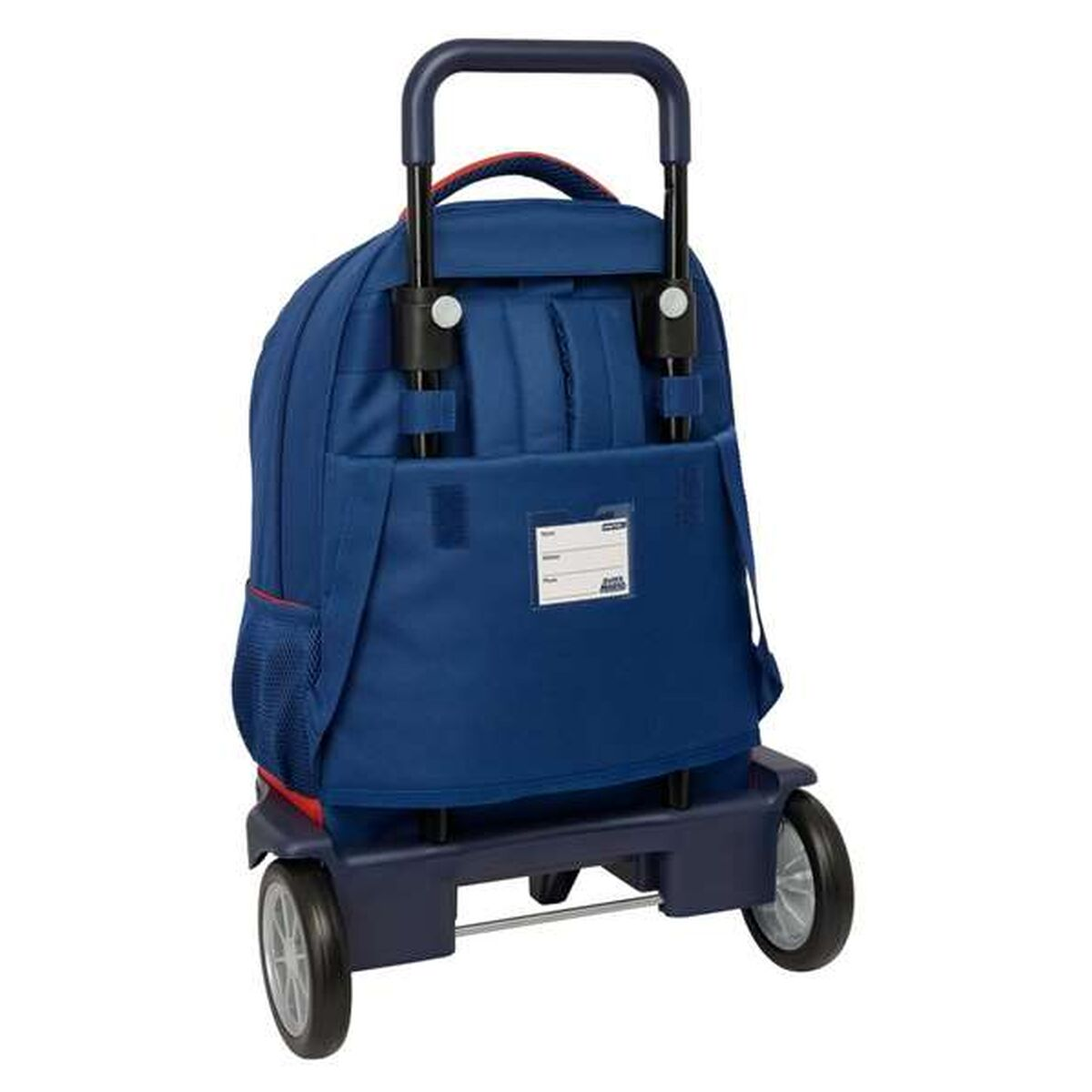 Ein blauer Rucksack mit Rädern und ausziehbarem Griff.