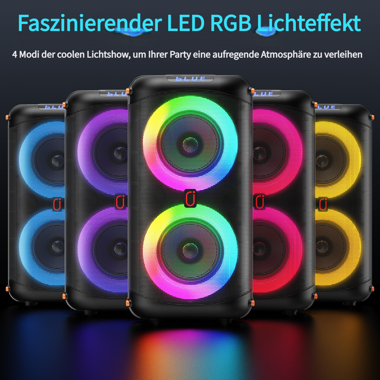 Mehrere Bluetooth-Lautsprecher mit bunten LED-Lichtern, die auf der Vorderseite leuchten.