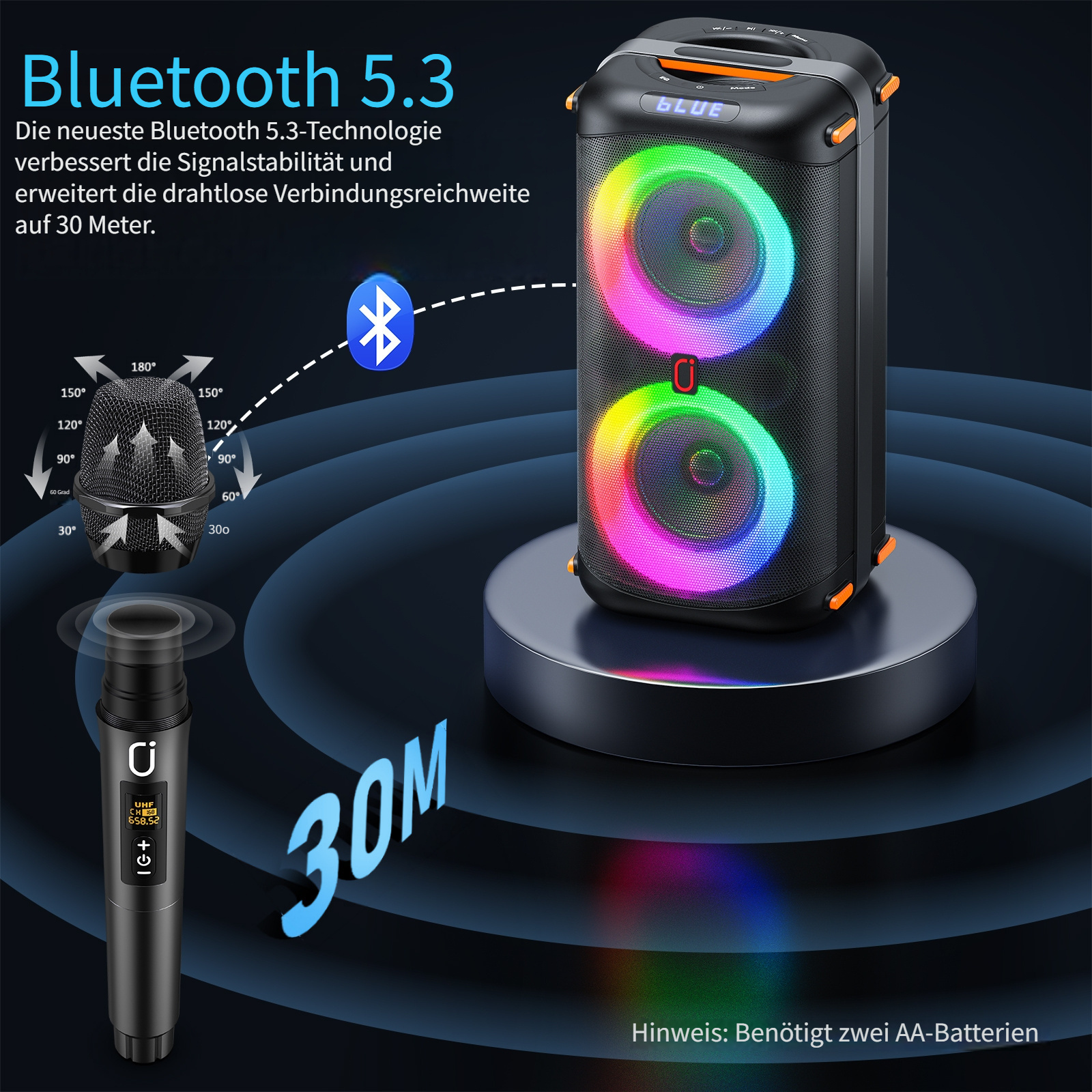 Ein Mikrofon und ein Bluetooth-Lautsprecher mit bunten Lichtern.
