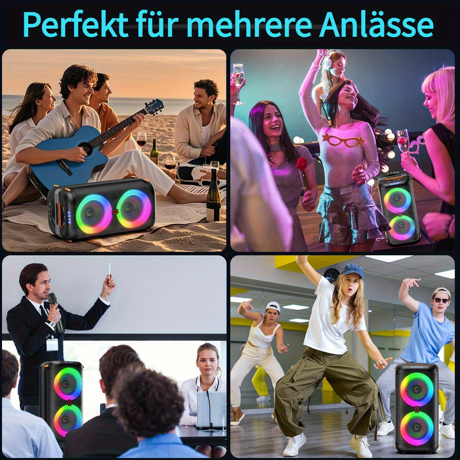 Vier Szenen: Strandpicknick, Party, Präsentation, Tanzkurs mit Lautsprechern.