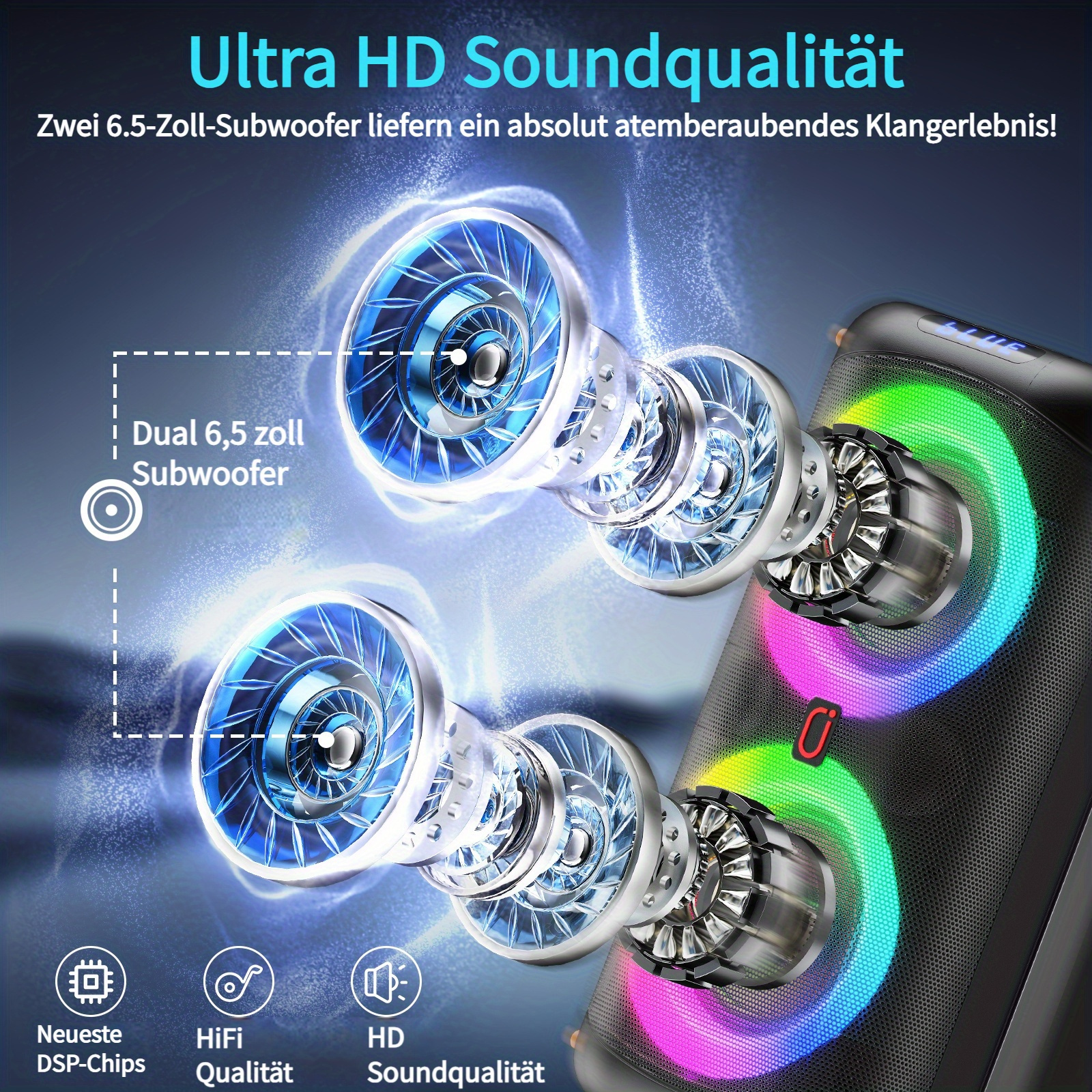 Zwei 6,5-Zoll-Subwoofer mit blauen Lüftern und bunten Lichtern auf schwarzem Lautsprecher.