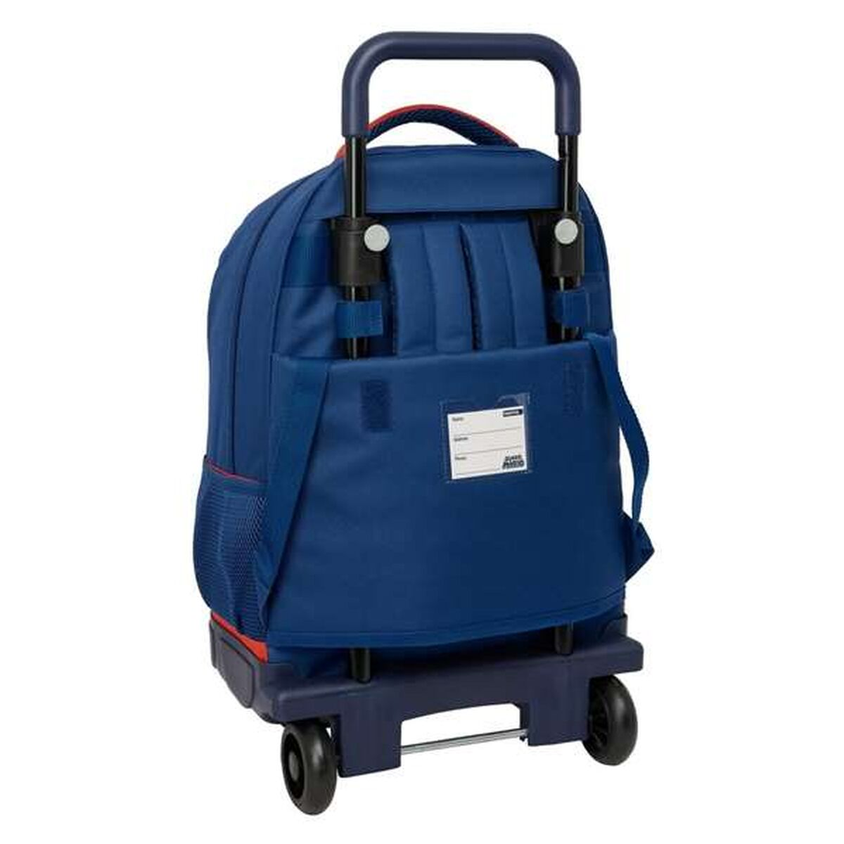 Ein dunkelblauer Rucksack mit Rollen und ausziehbarem Griff.