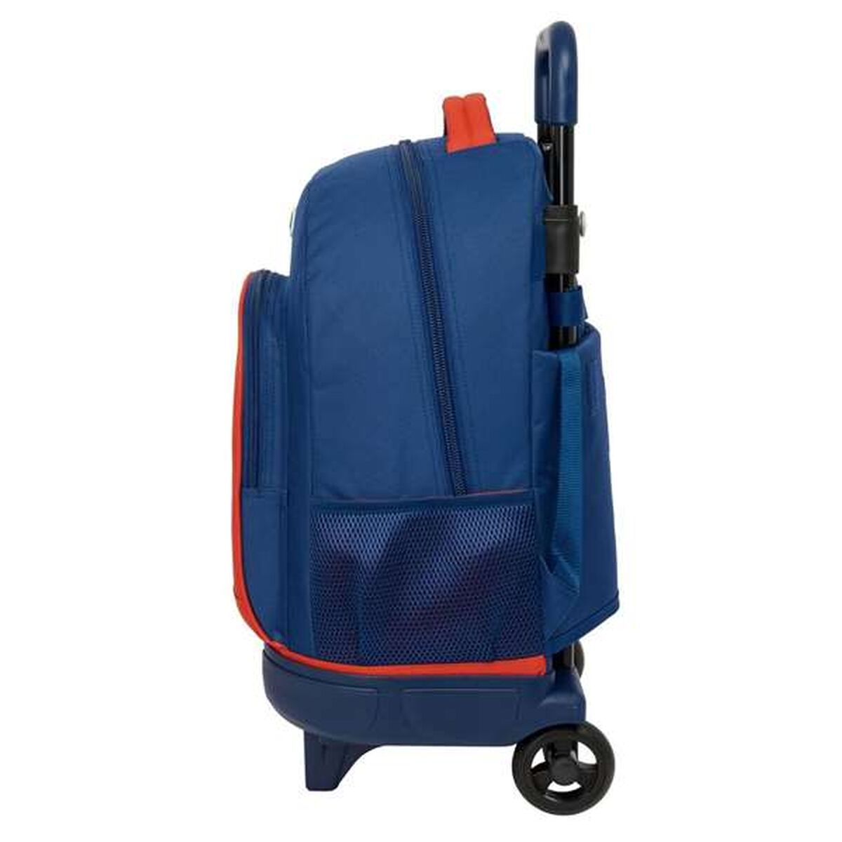 Blauer Rollkoffer mit orangefarbenen Akzenten und Netzfächern.