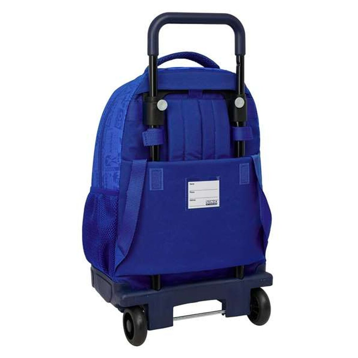 Ein blauer Rucksack mit Rollen, ausziehbarem Griff, Rädern und Namensschild.