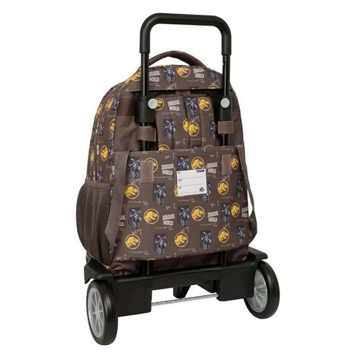 Brauner Rollkoffer mit Jurassic World-Aufdruck und Dinosaurierbildern.