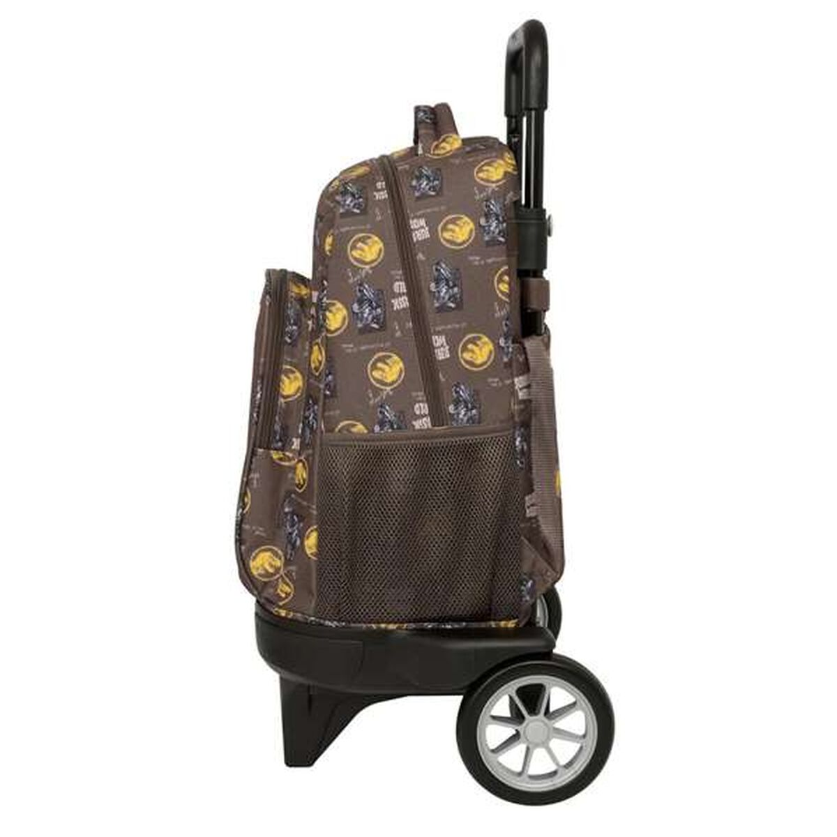 Braune Rolltasche mit Comic-Aufdruck und Netzfächern, Teleskopgriff und Rädern.