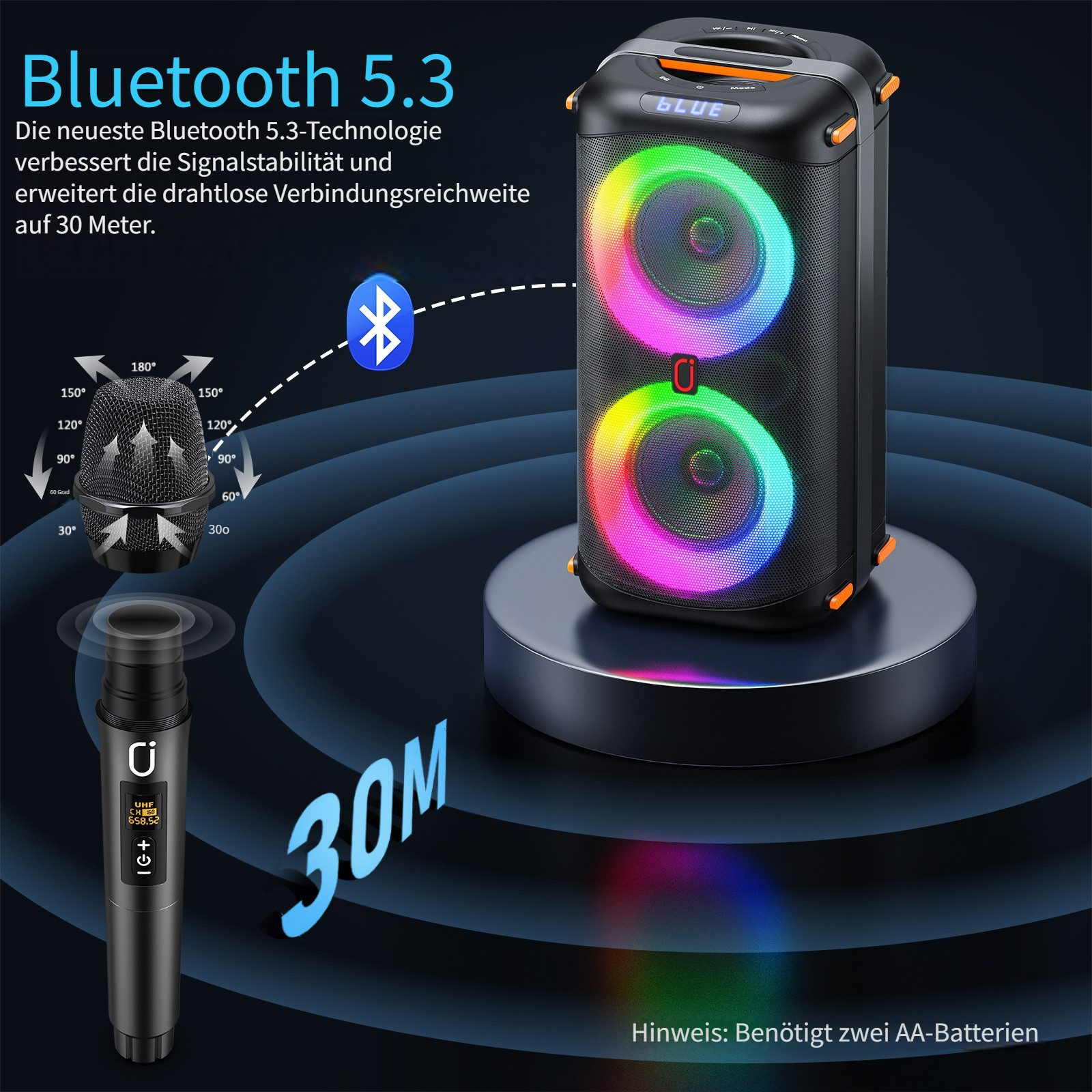Ein schwarzer Bluetooth-Lautsprecher mit bunten Lichtern und ein Mikrofon auf einem Podest.