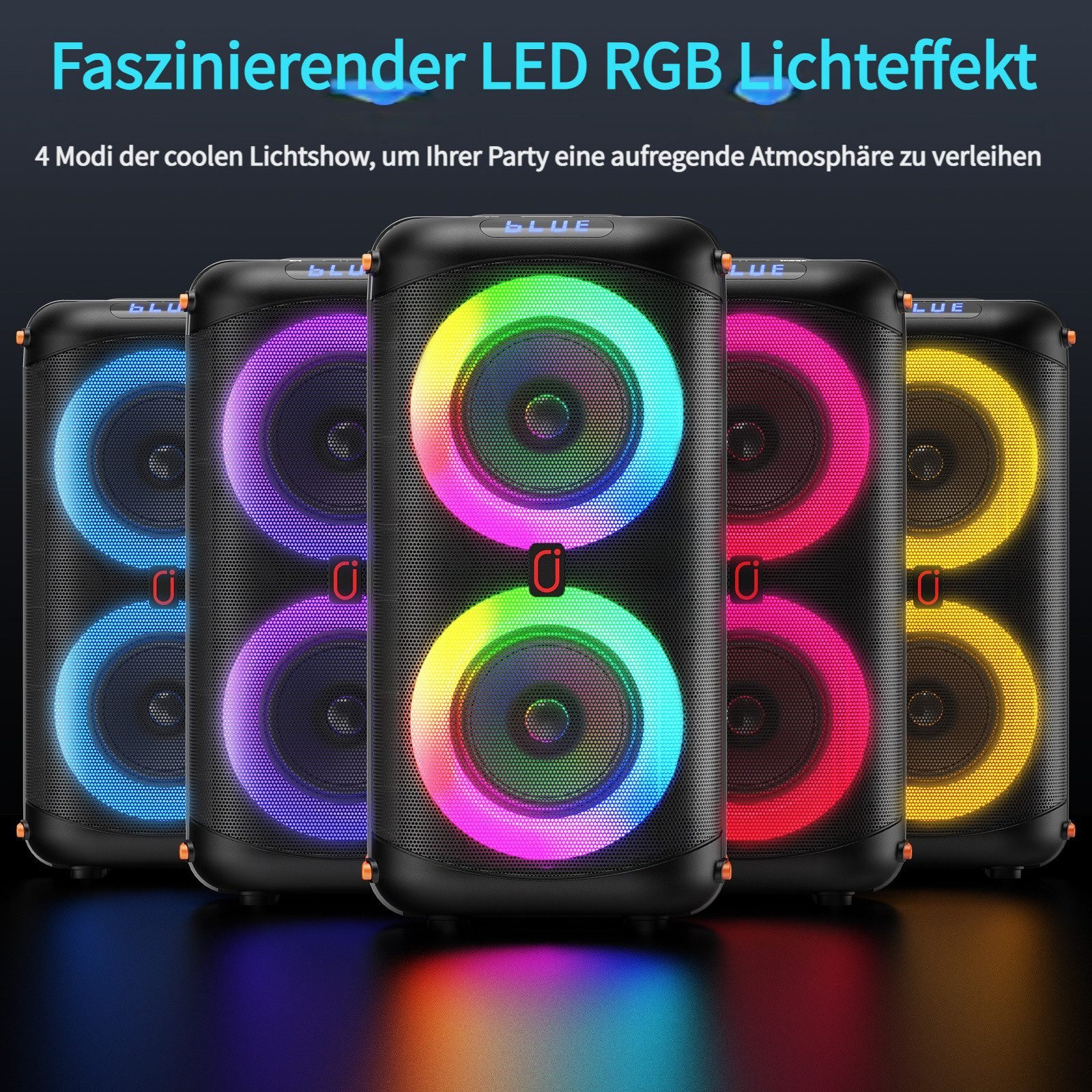 Mehrere schwarze Lautsprecher mit bunten RGB-LED-Lichtern auf den Lautsprechern.