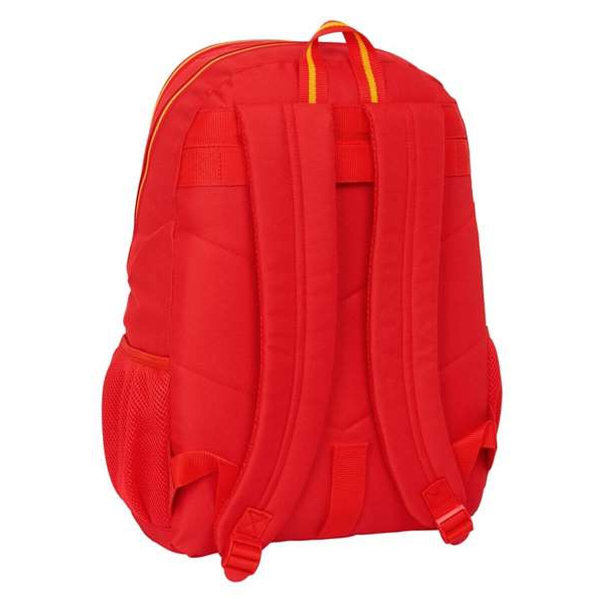 Roter Rucksack mit gelben Akzenten, gesehen von hinten.