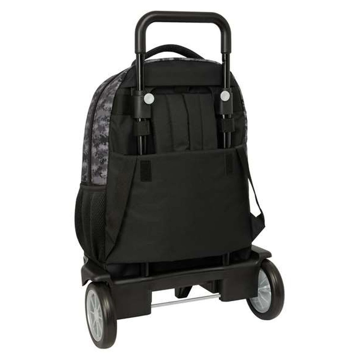 Ein schwarzer Rucksack mit Rollen und ausziehbarem Griff.