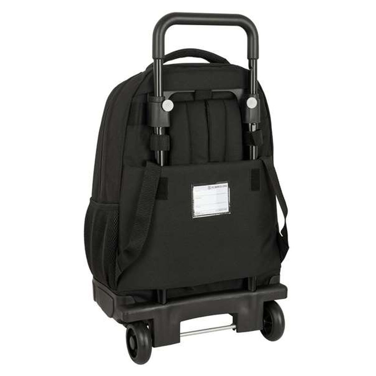 Schwarzer Rucksack mit Rollen und ausziehbarem Griff.