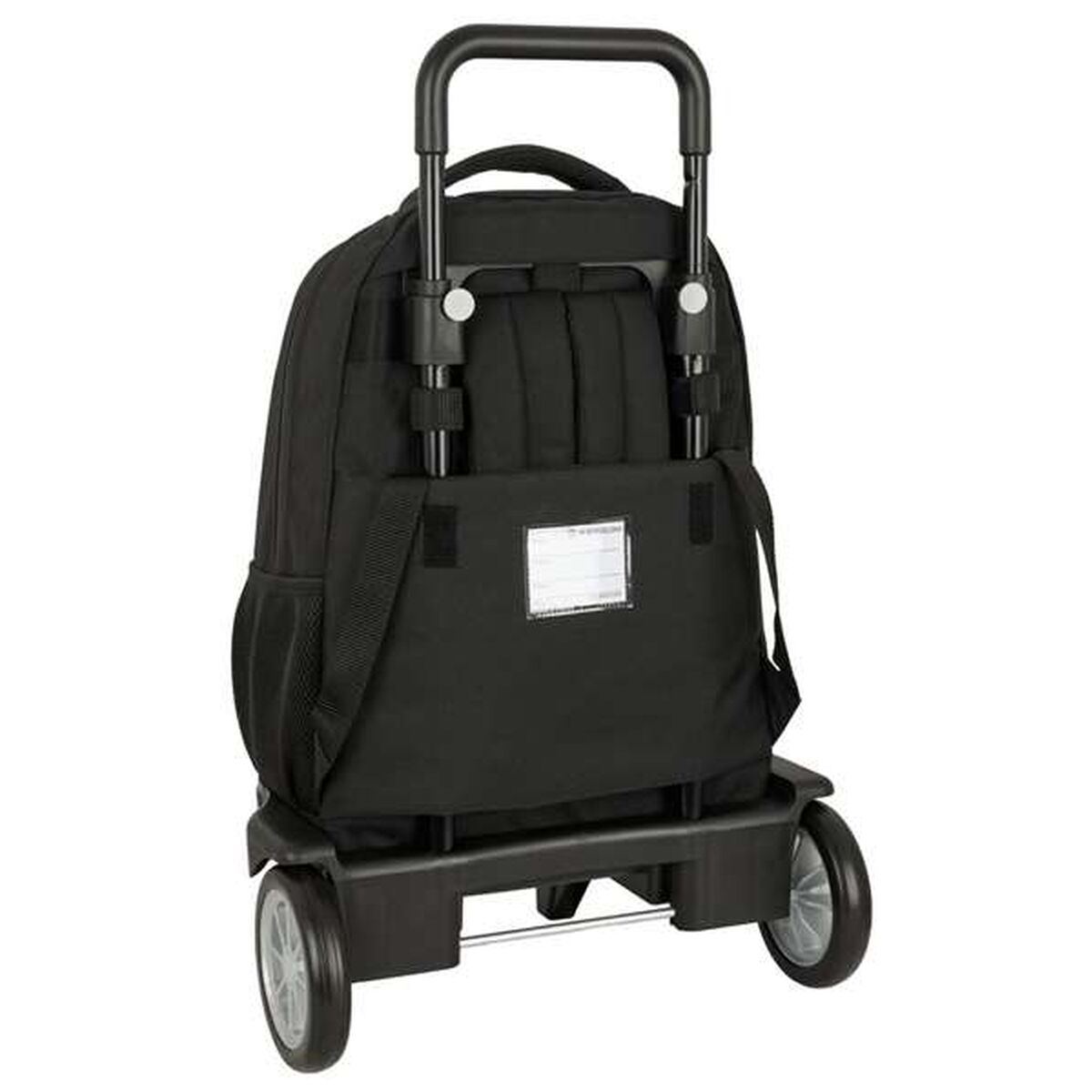 Schwarzer Rucksack auf Rädern mit ausziehbarem Griff.