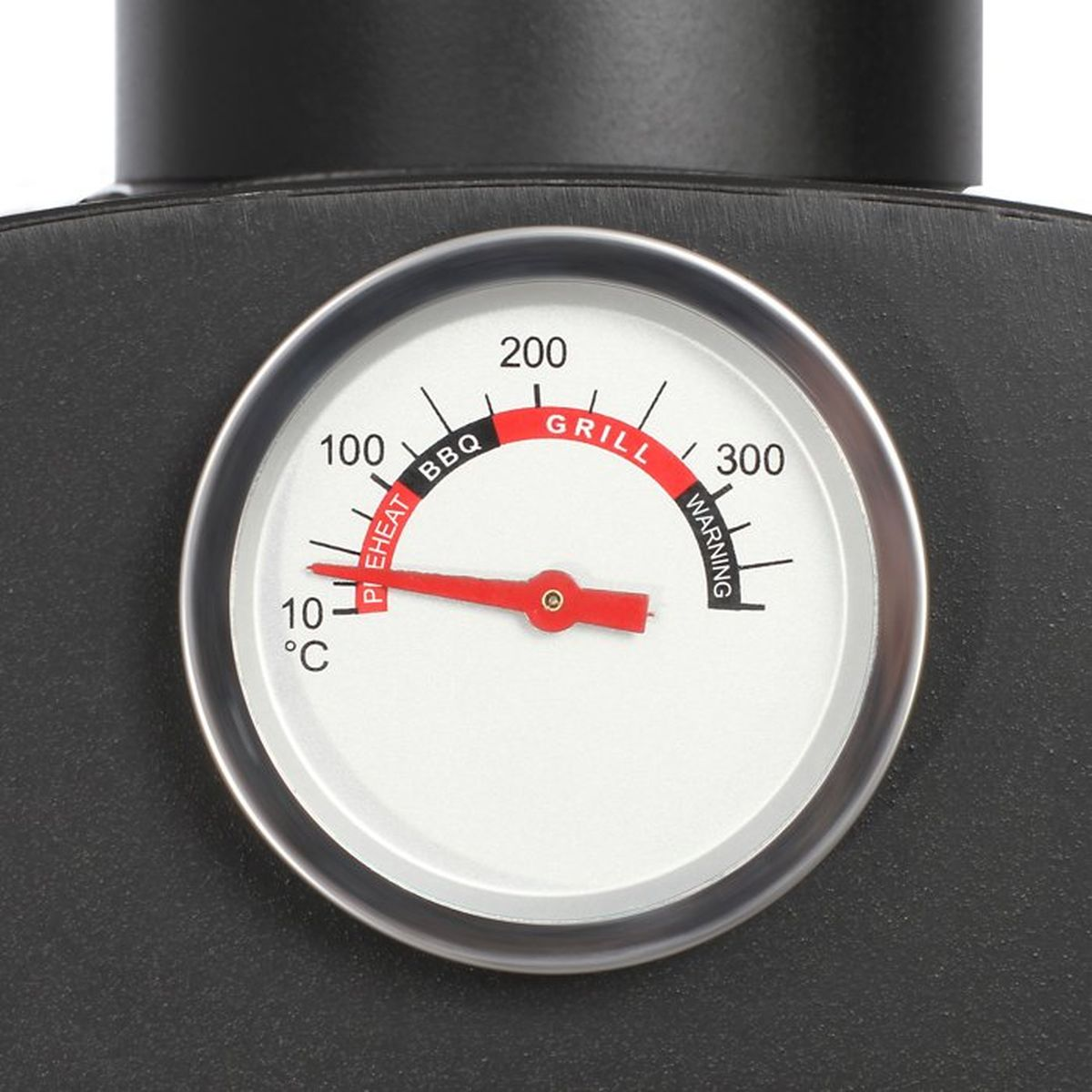 Nahaufnahme eines Grillthermometers, das auf 150°C zeigt.