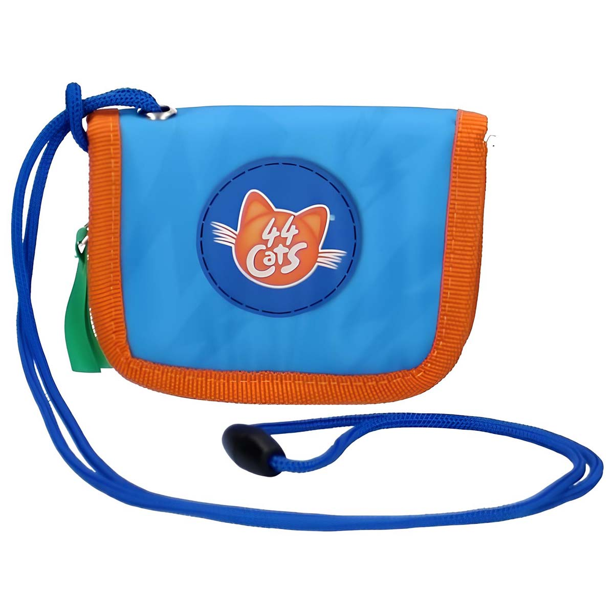 Portafoglio blu con bordo arancione e logo del gatto. Con laccetto blu.