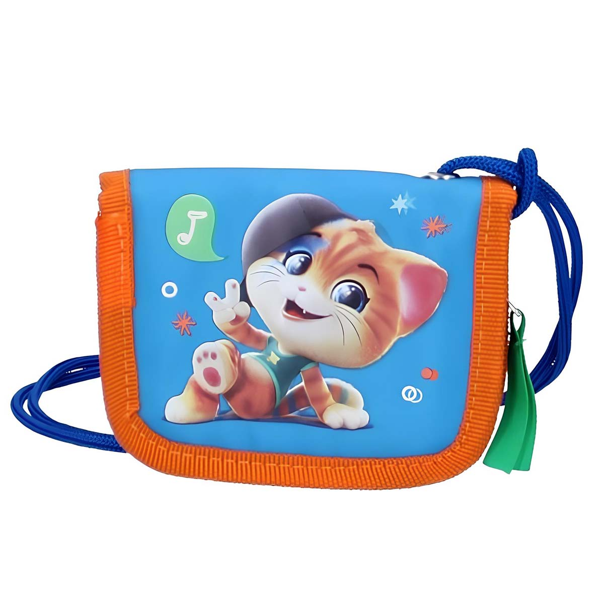 Un portafoglio blu con bordo arancione raffigurante un gatto dei cartoni animati con cappello.