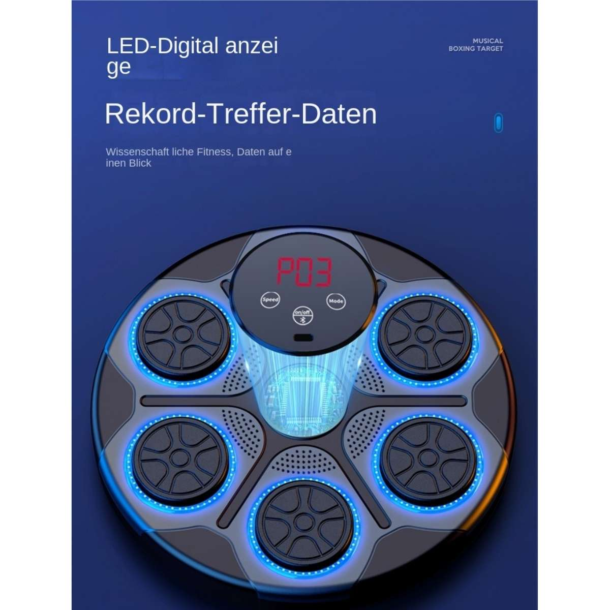 Runde Fitness-Trainingsscheibe mit LED-Anzeige und blauen Lichtern.