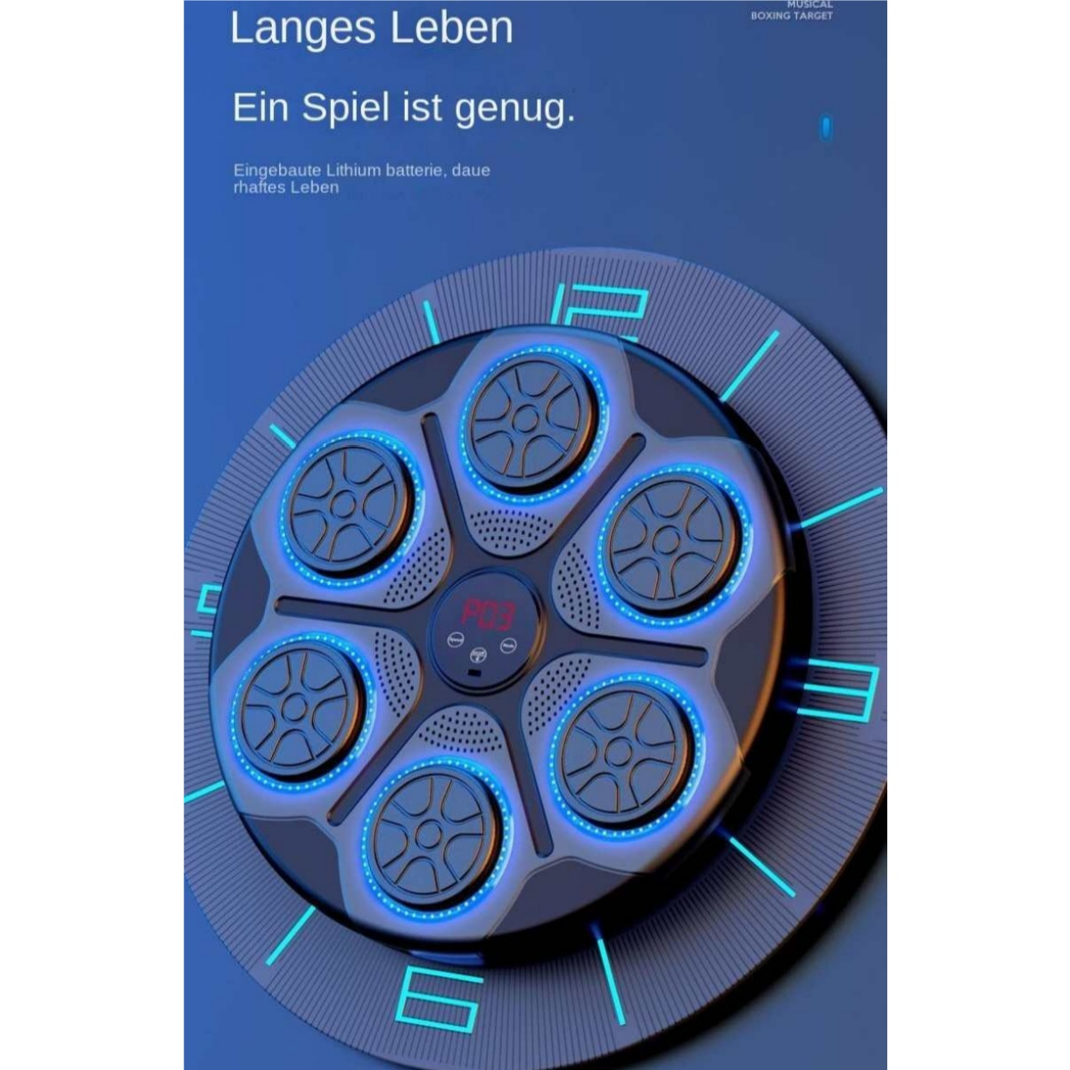 Ein kreisförmiges, dunkles Gerät mit sechs blauen Lichtern und einem digitalen Display.