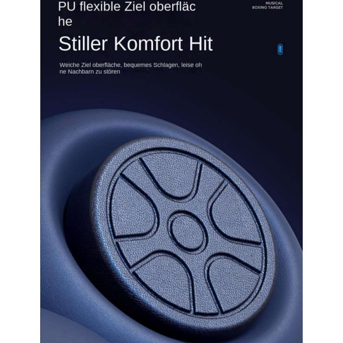 Schwarzes, rundes Schlagpolster mit Rillenmuster auf blauem Hintergrund.