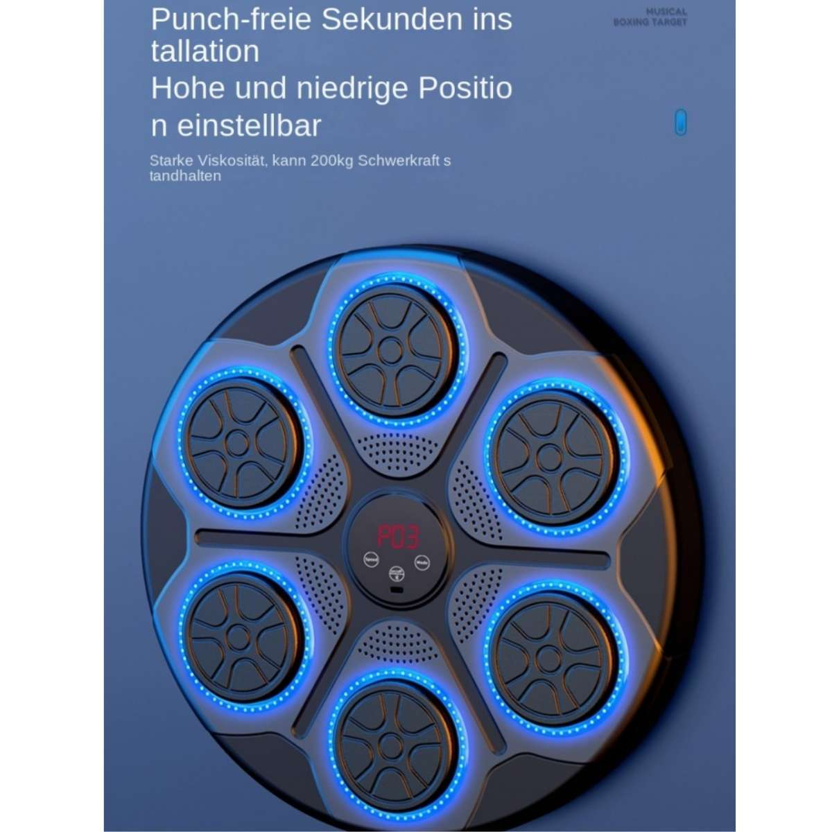 Schwarzes Musik-Box-Ziel mit blauen Lichtern und roten Ziffern.