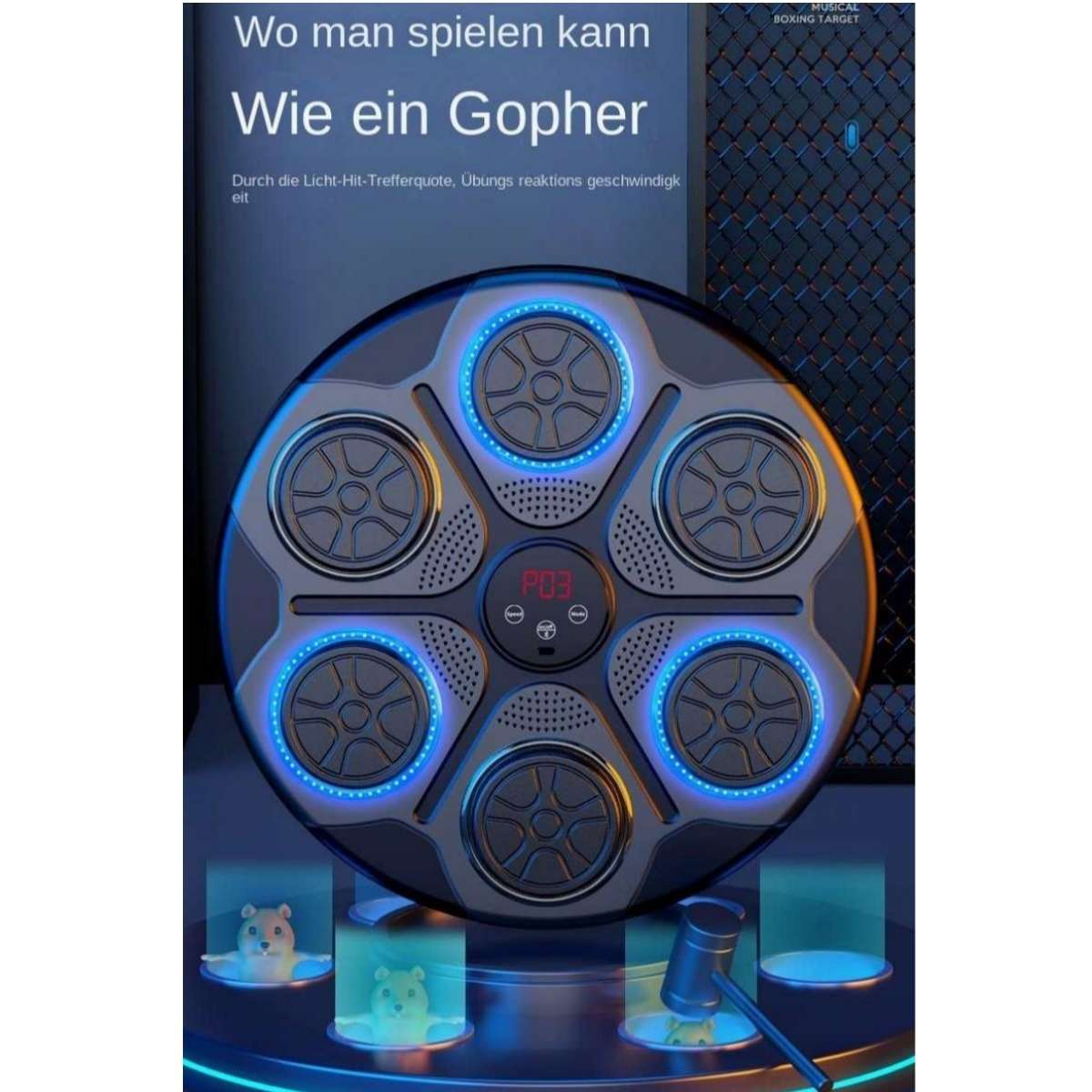 Ein interaktives Spielgerät mit Lichtern, das wie ein Gopher-Spiel aussieht.