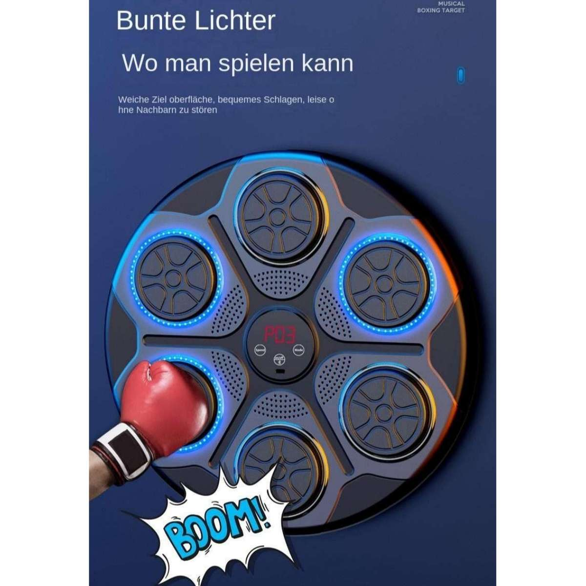Ein roter Boxhandschuh schlägt auf ein musikalisches Ziel mit Lichtern.