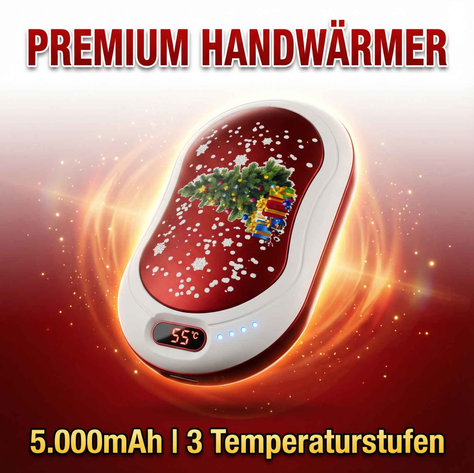 Roter Handwärmer mit Weihnachtsbaum-Motiv, 55°C Anzeige.