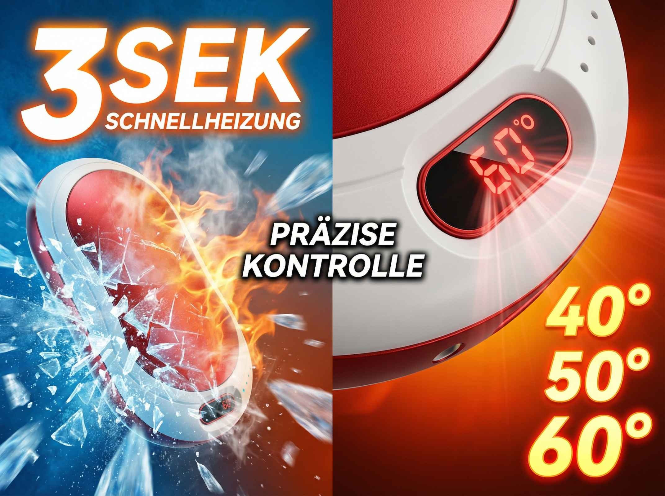 Handwärmer mit Digitalanzeige, 60 Grad. "3 Sek. Schnellheizung"