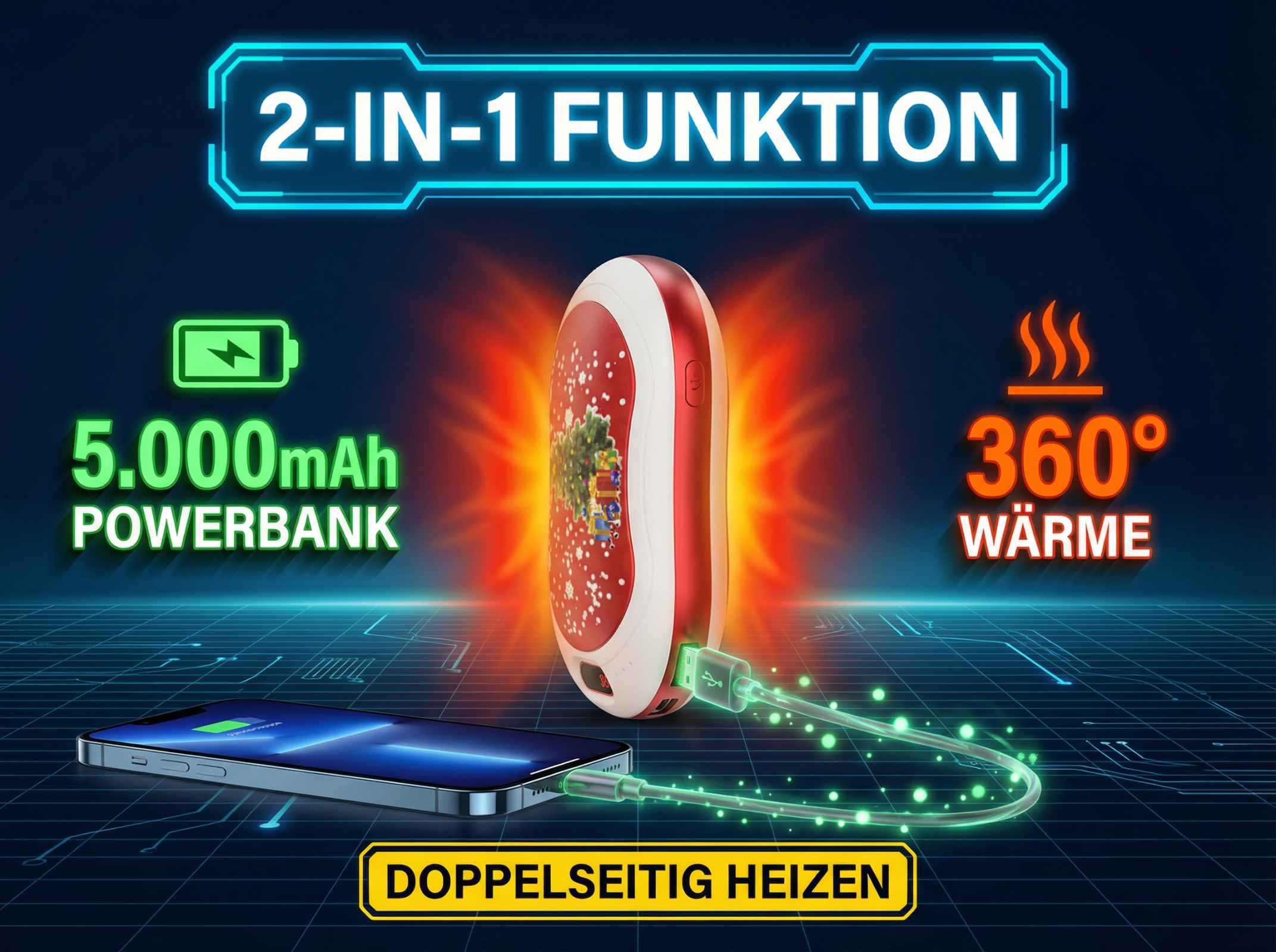 Ein roter und weißer Handwärmer mit 5000mAh Powerbank-Funktion und doppelseitiger Heizung.