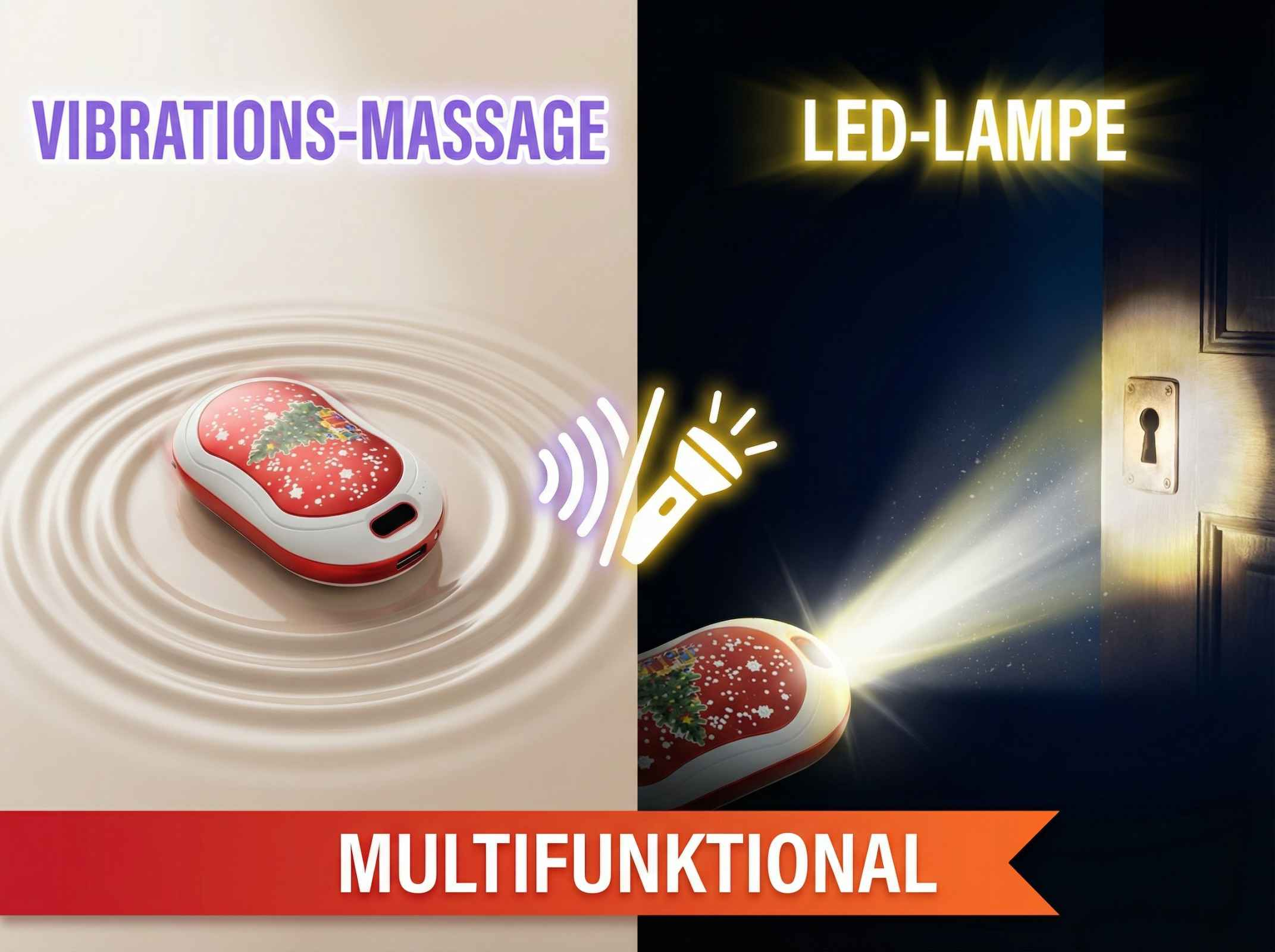 Ein rot-weißes Gerät mit Weihnachtsmotiv, das als Massagegerät und Taschenlampe dient.