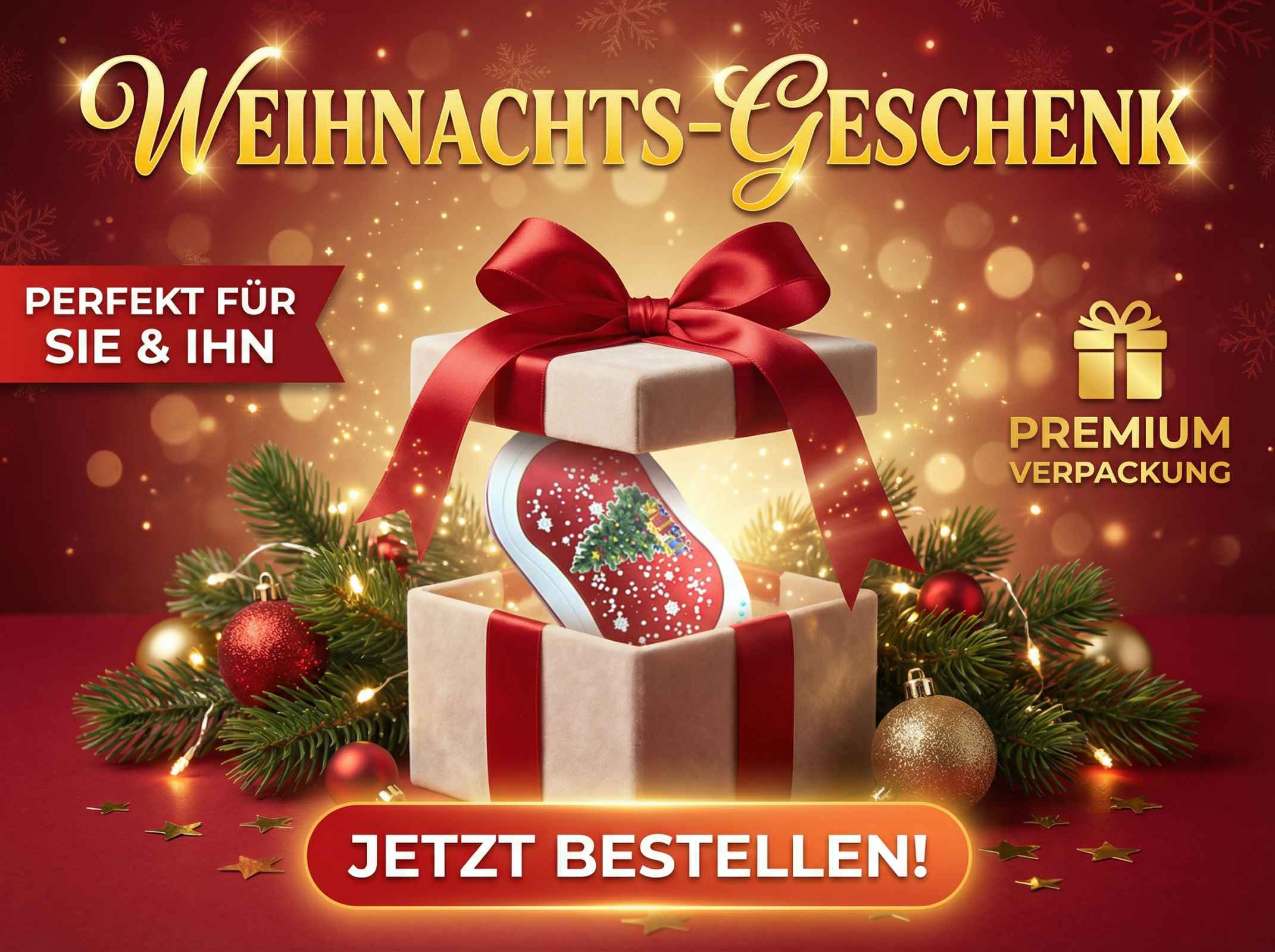 Weihnachtsgeschenk mit offenem Karton, rotem Band und Weihnachtsbaum-Motiv.