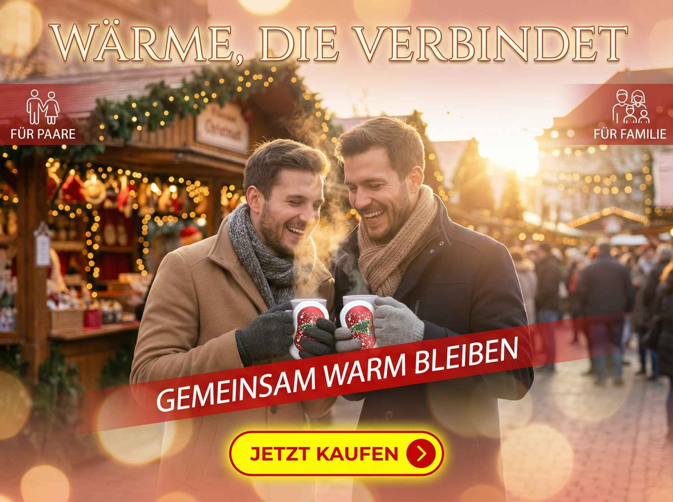 Zwei Männer auf einem Weihnachtsmarkt halten heiße Tassen, Dampf steigt auf.