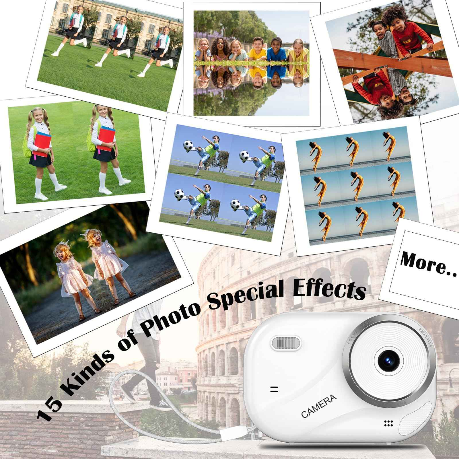 Collage von Fotos: Kinder spielen Fußball, Mädchen mit Büchern, Kinder am Wasser, und eine Kamera.