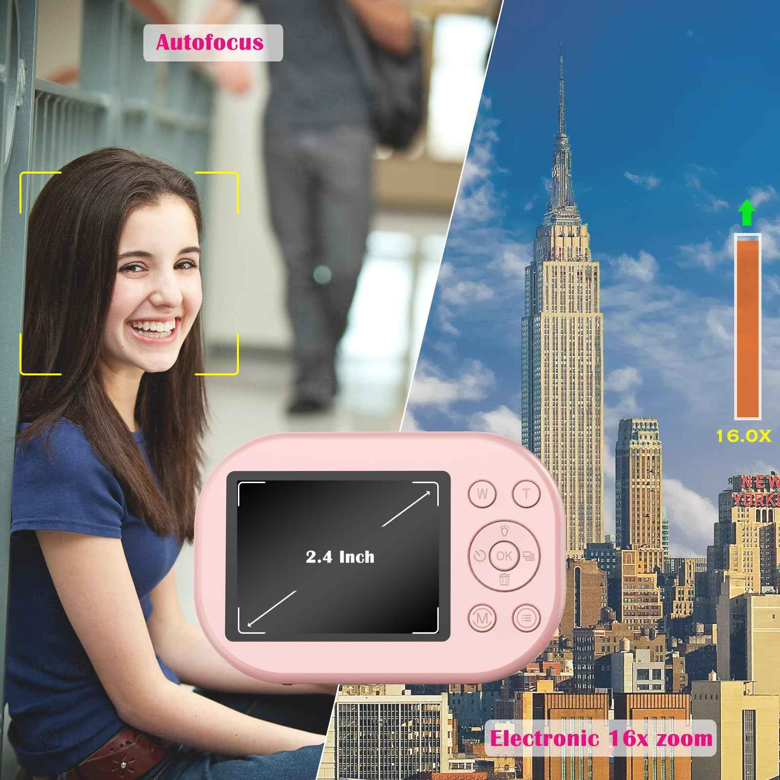 Ein junges Mädchen lächelt, eine rosa Digitalkamera und die Skyline von New York.