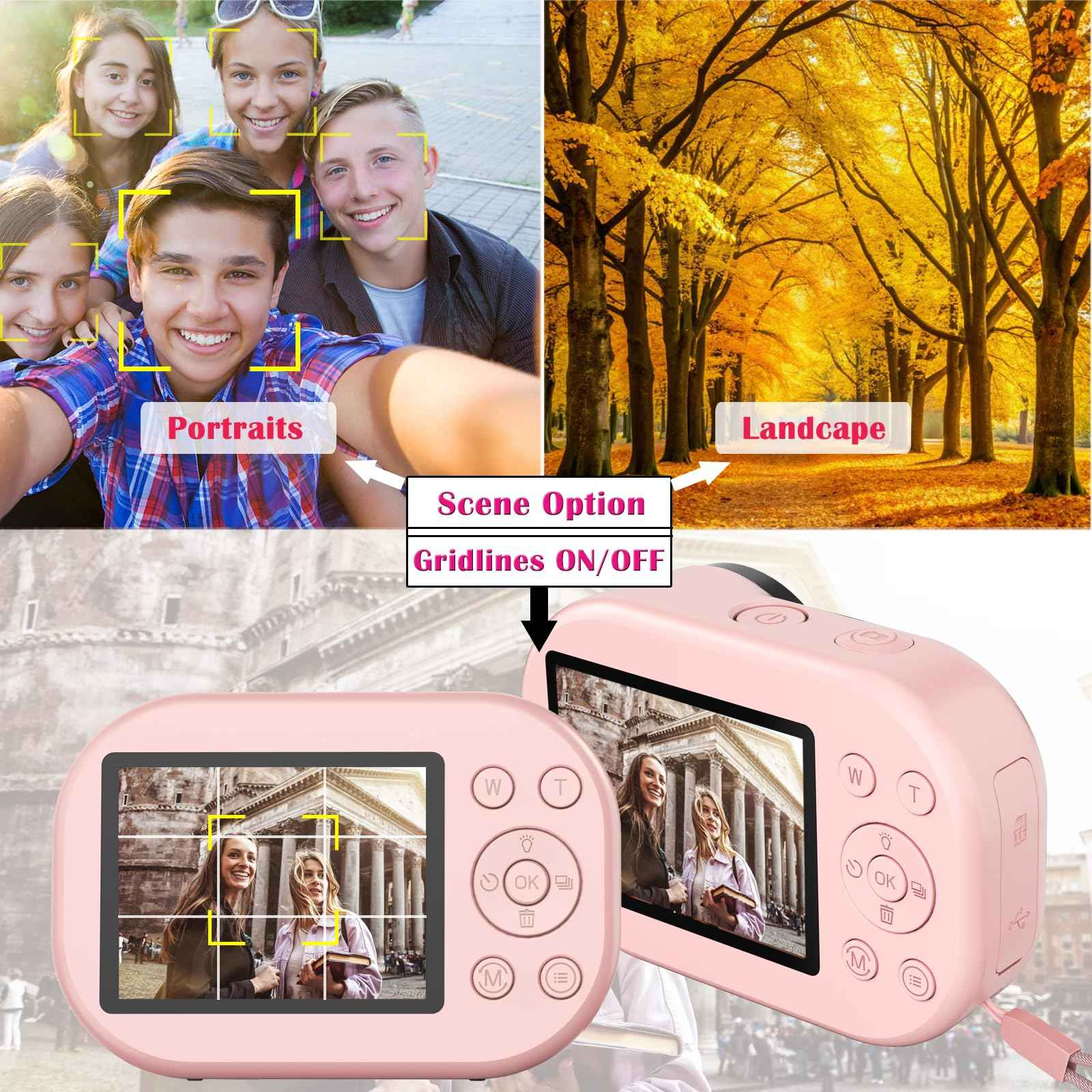 Eine rosa Digitalkamera zeigt ein Bild von zwei Frauen, mit Auswahloptionen.