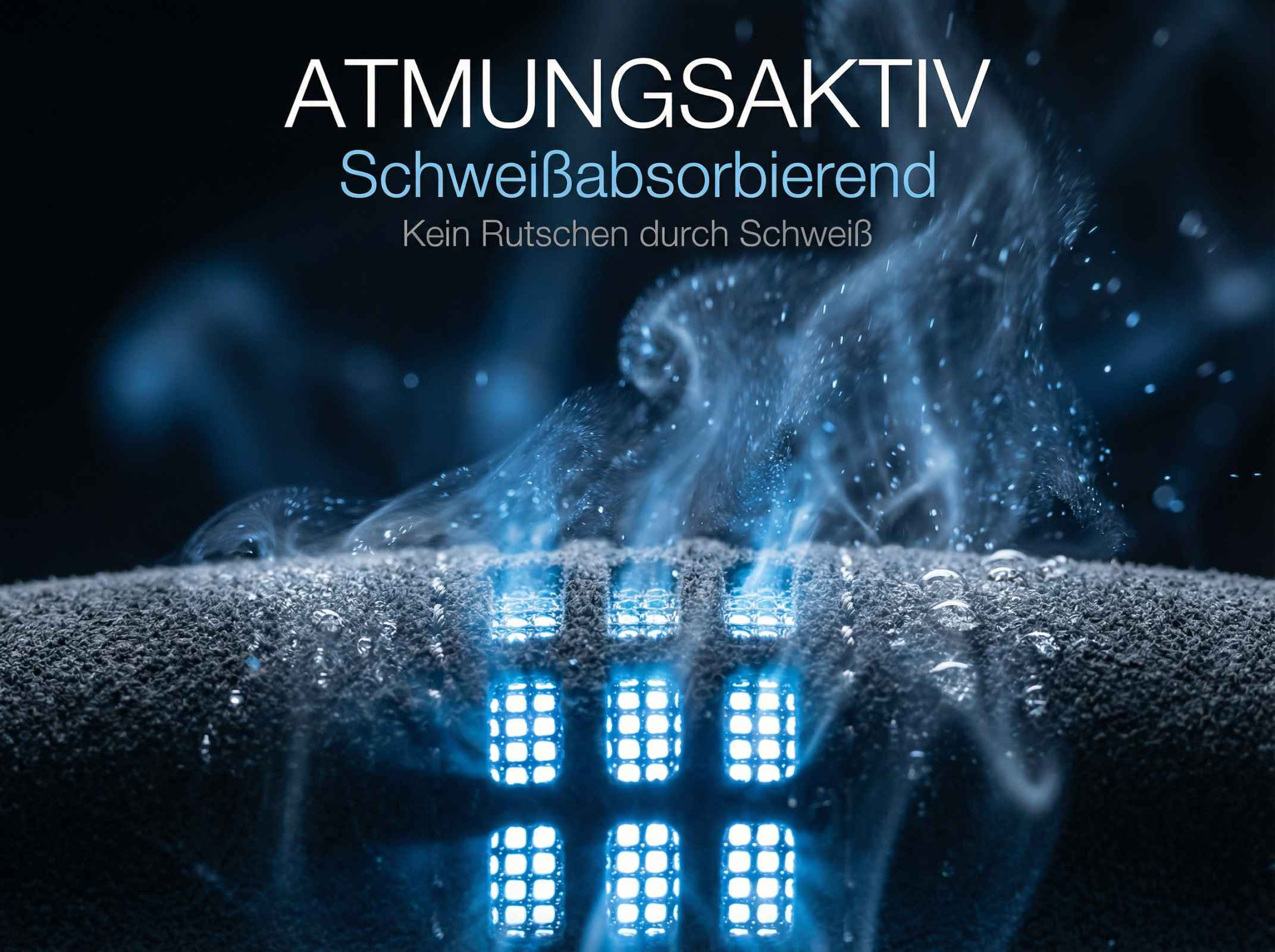 Atmungsaktives Gewebe mit leuchtend blauen Lichtpunkten und Dampf.