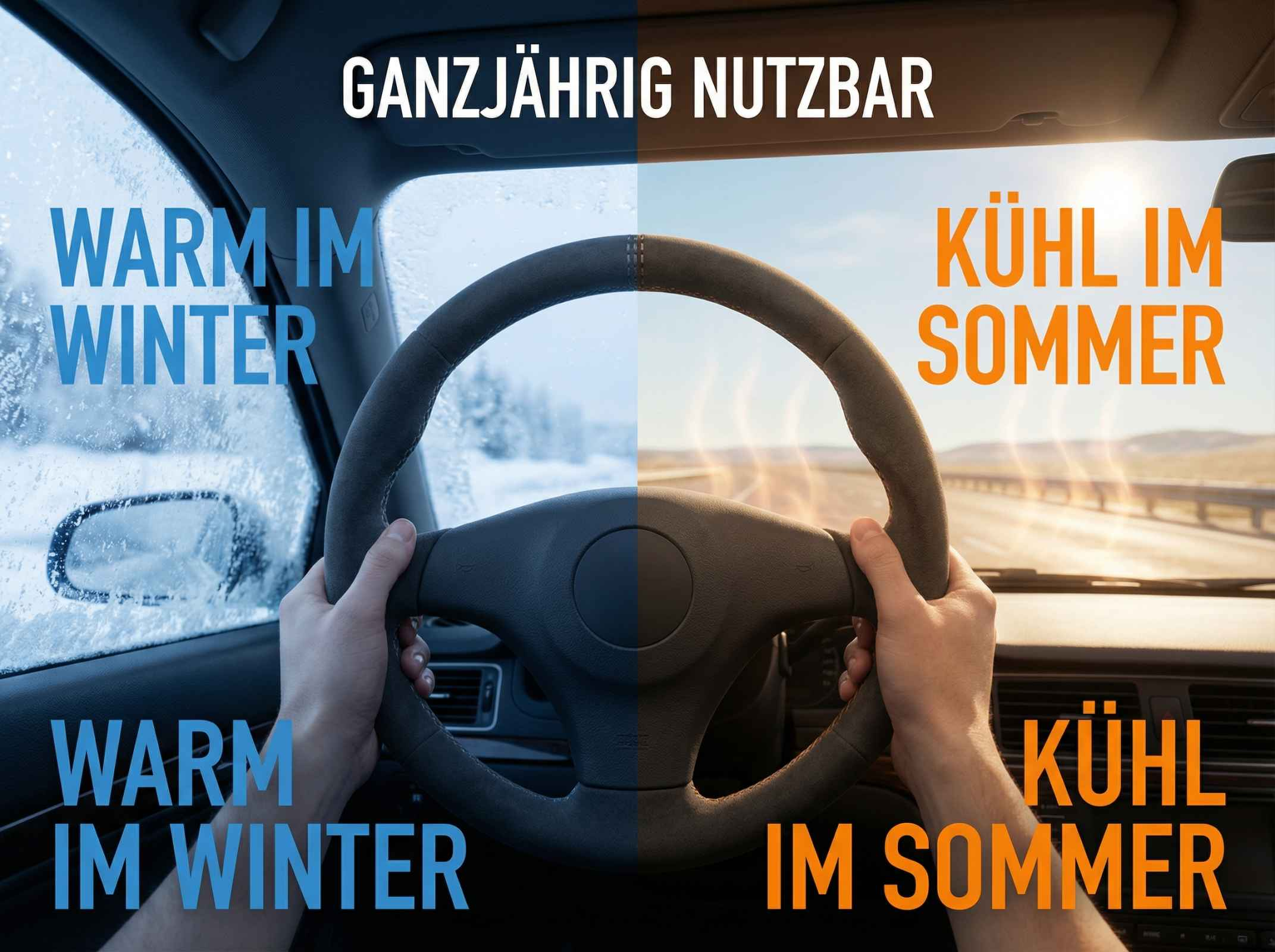 Lenkrad in einem Auto, geteilt in Winter und Sommer Szenen.