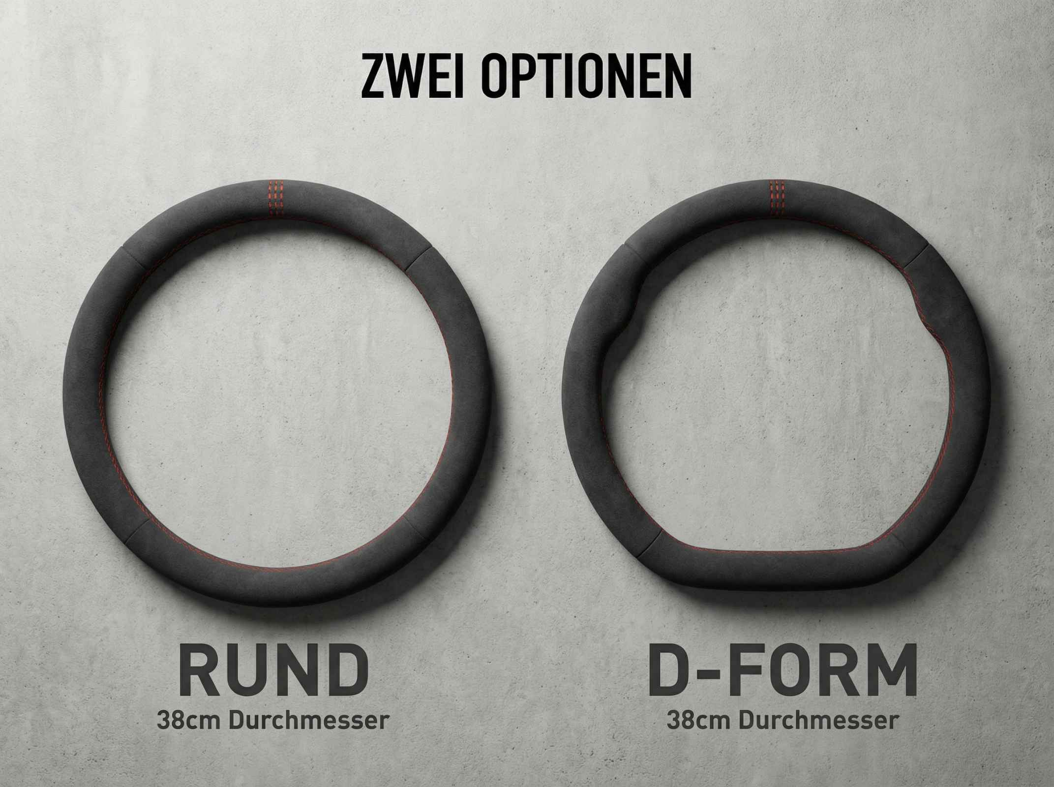 Zwei Lenkräder: rund und D-Form, beide 38cm Durchmesser.