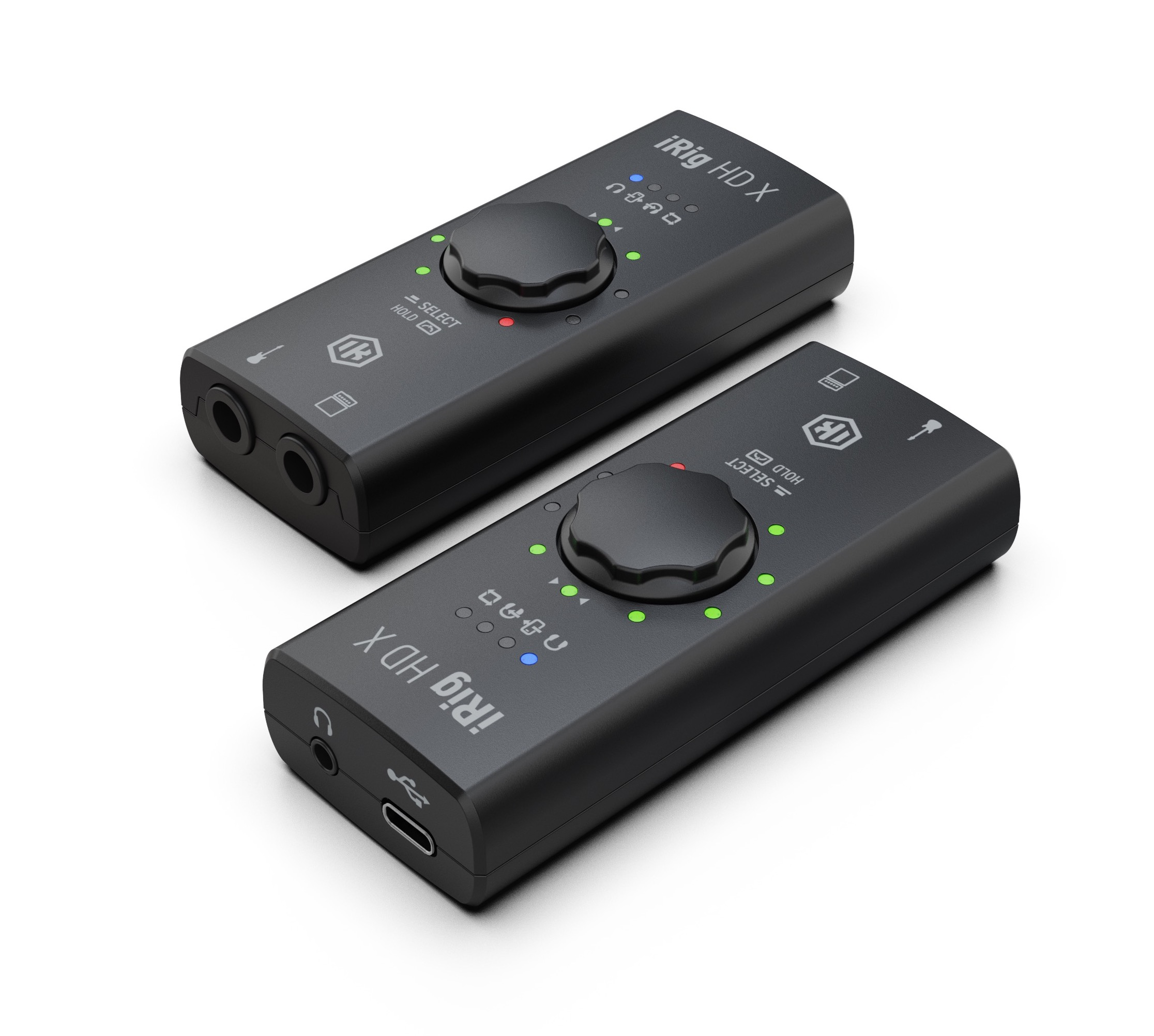 Zwei schwarze iRig HD X Audio-Interfaces mit Drehreglern und LEDs auf weißem Hintergrund.