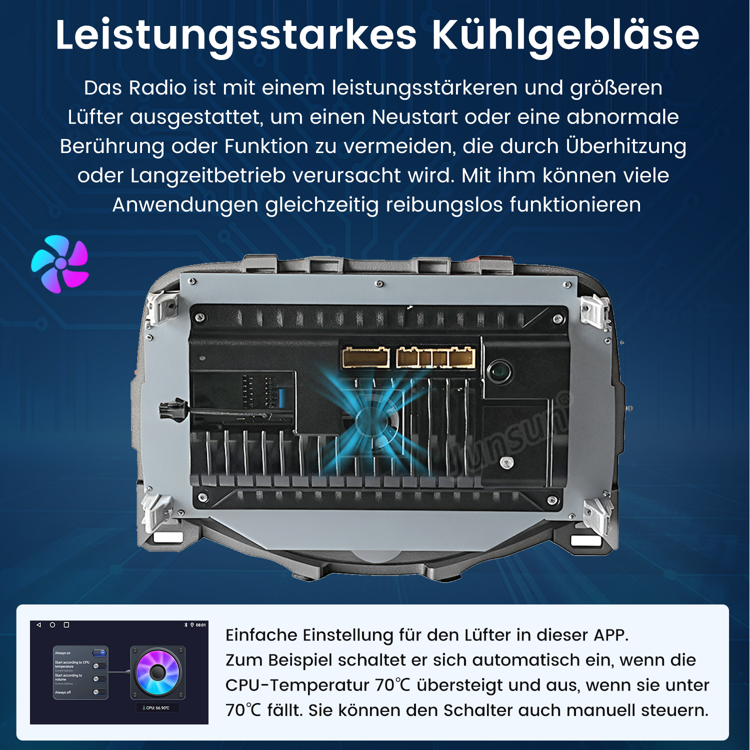Das Autoradio hat einen Lüfter zur Kühlung. Eine App zeigt Einstellungen und CPU-Temperatur.