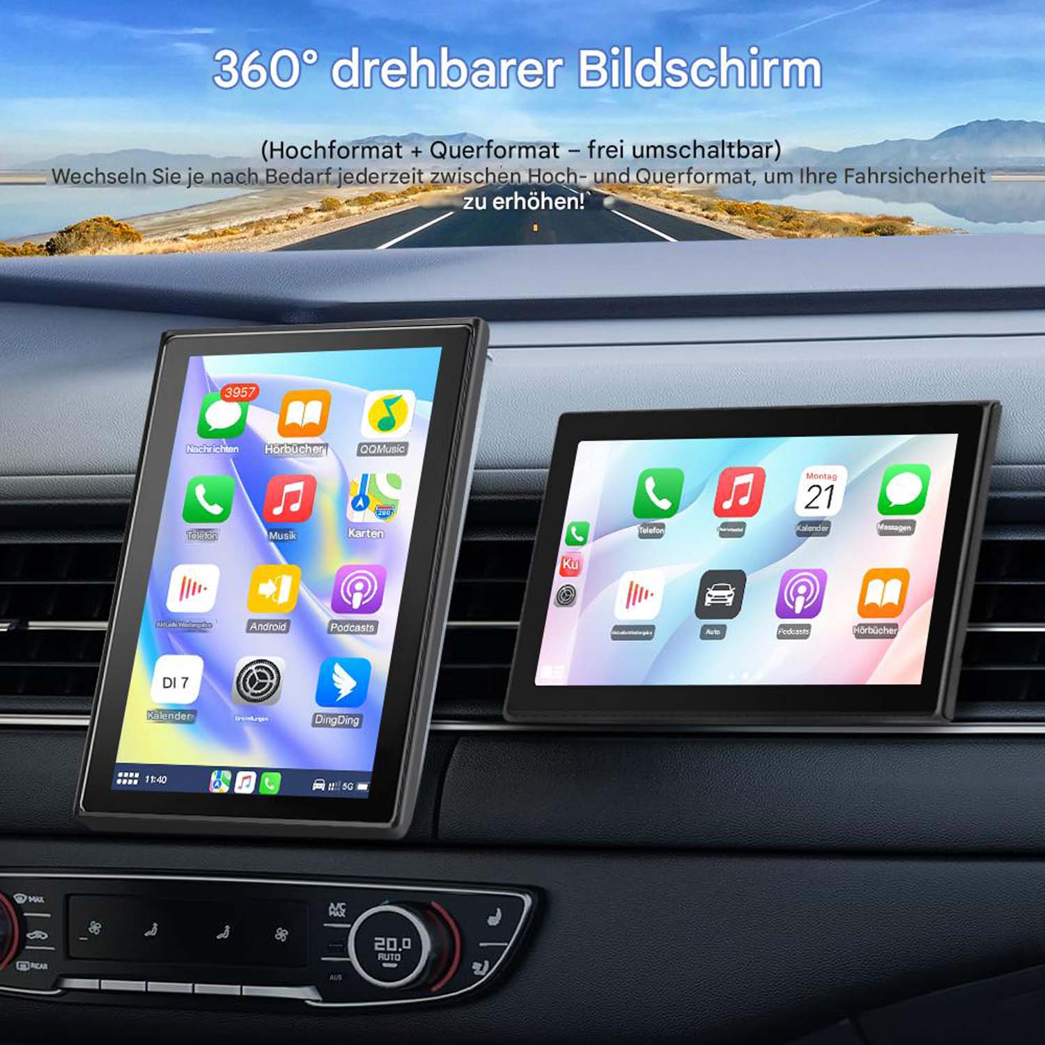 Zwei digitale Displays in einem Auto zeigen App-Icons und Menüs.