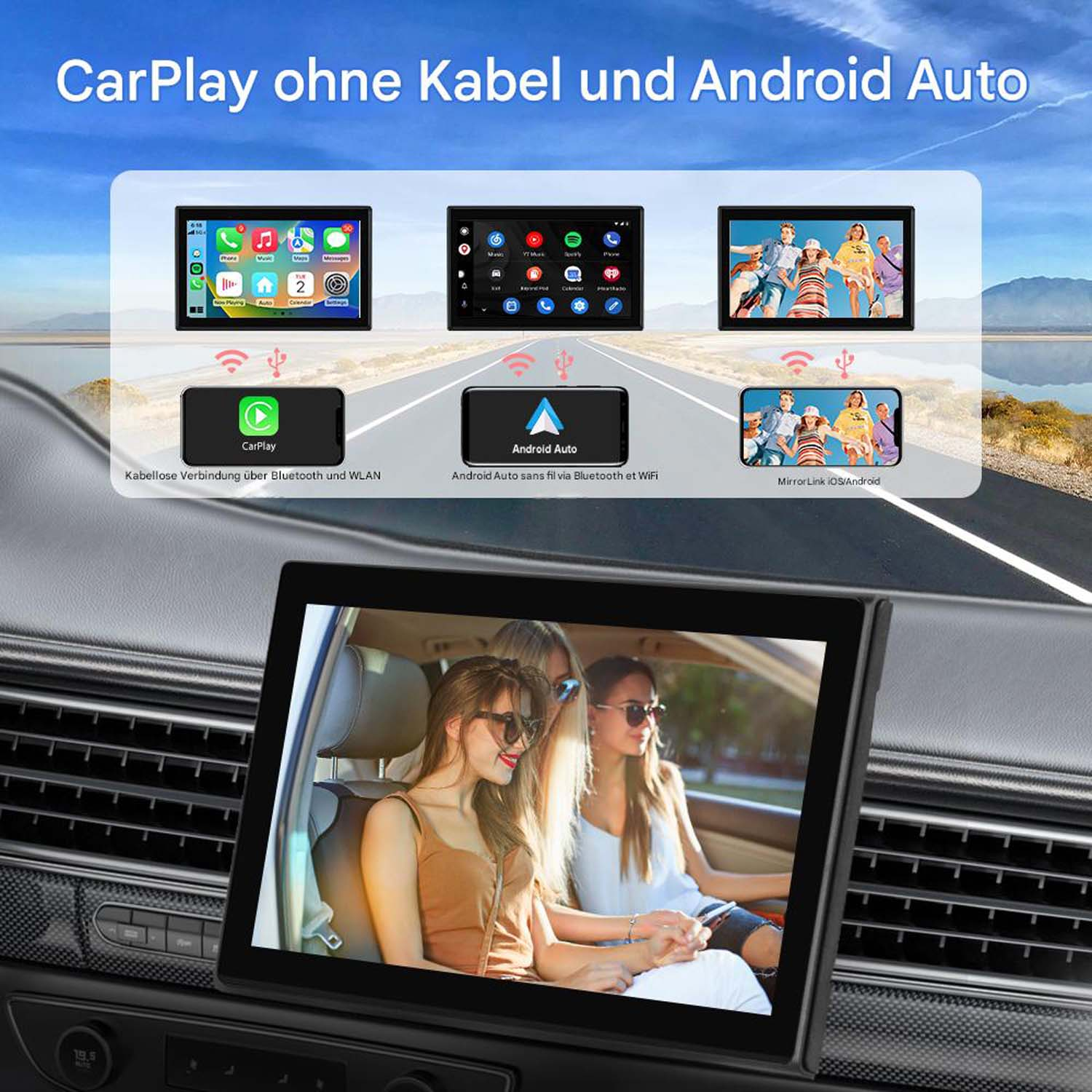 Display zeigt CarPlay, Android Auto und MirrorLink für Autos.