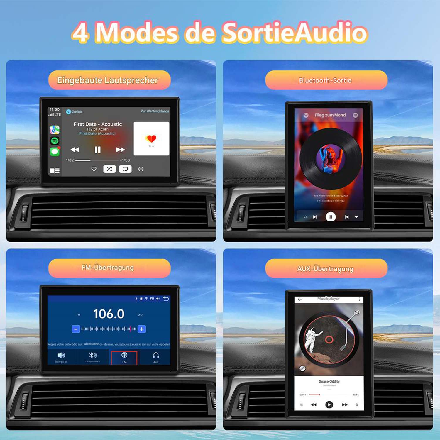 Vier Audioausgabe-Modi: Lautsprecher, Bluetooth, FM und AUX-Musikplayer.