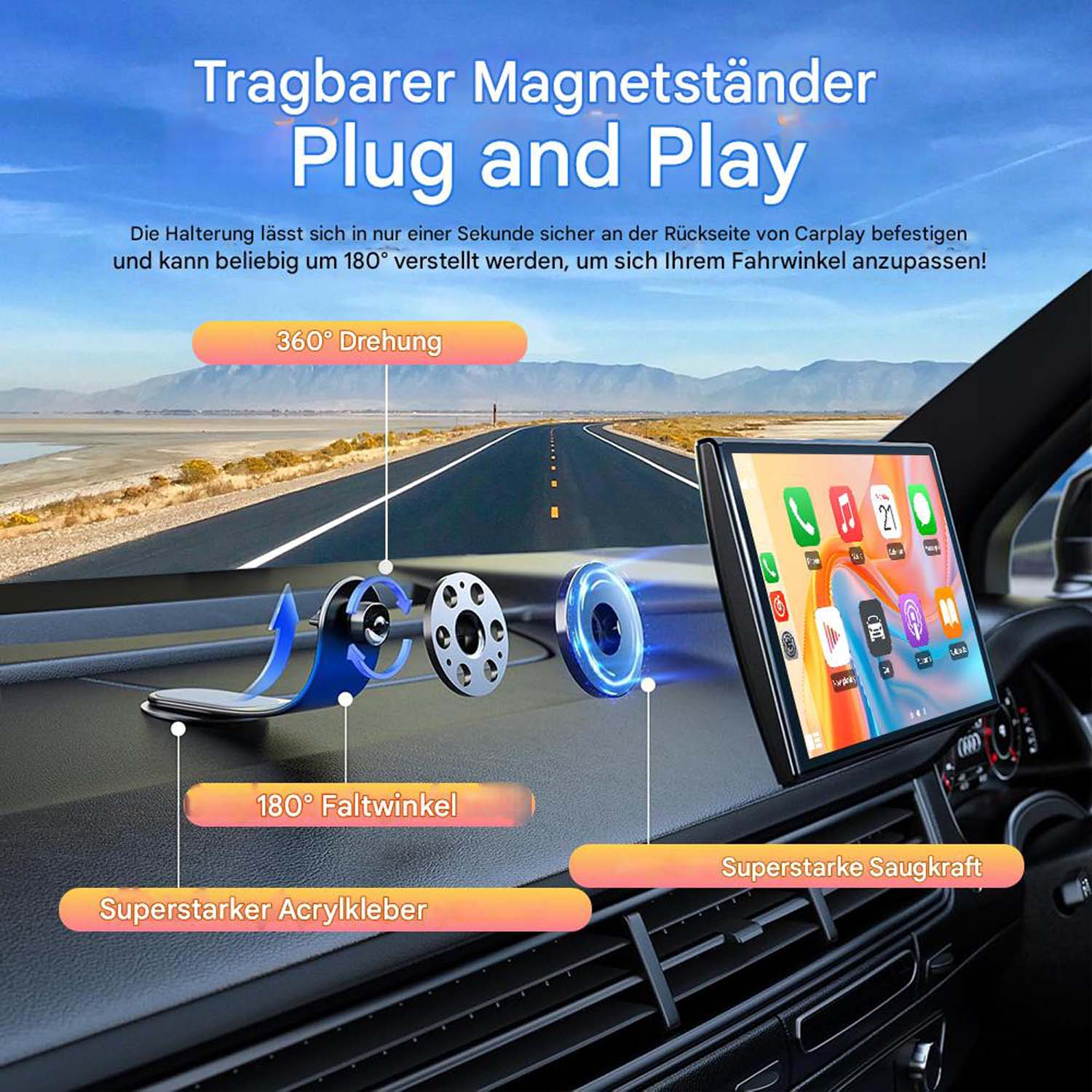 Tragbarer Magnetständer mit 360° Drehung und 180° Faltwinkel für Carplay.