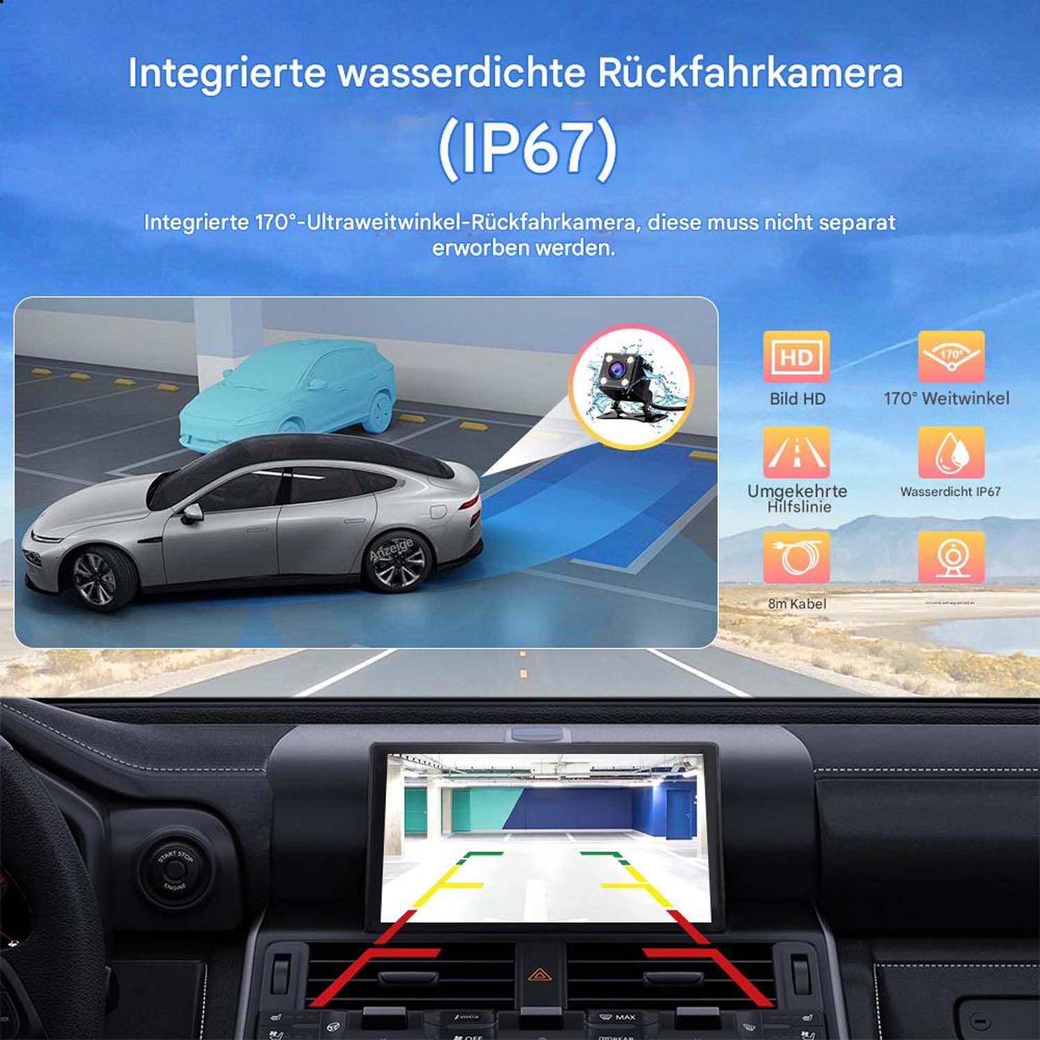 Auto-Rückansicht mit integrierter HD-Kamera, Linien und Parksensoren.