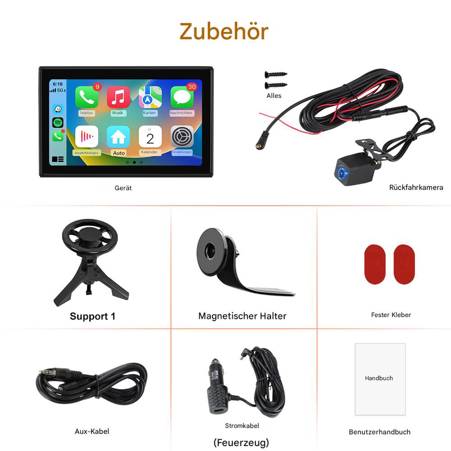 Zubehör: Gerät, Rückfahrkamera, Halter, Kabel, Handbuch.