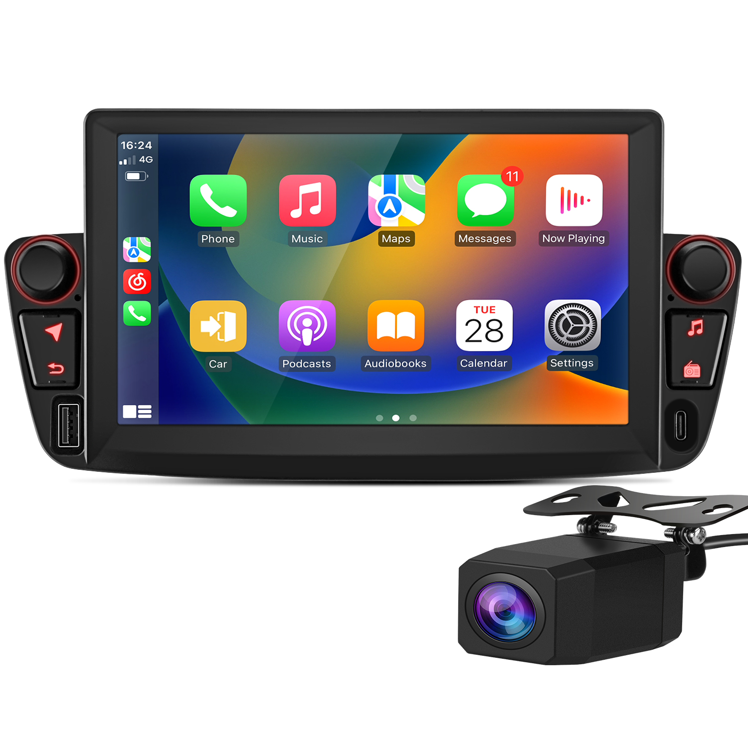 Ein Autoradio-Bildschirm mit Apps und eine Rückfahrkamera.
