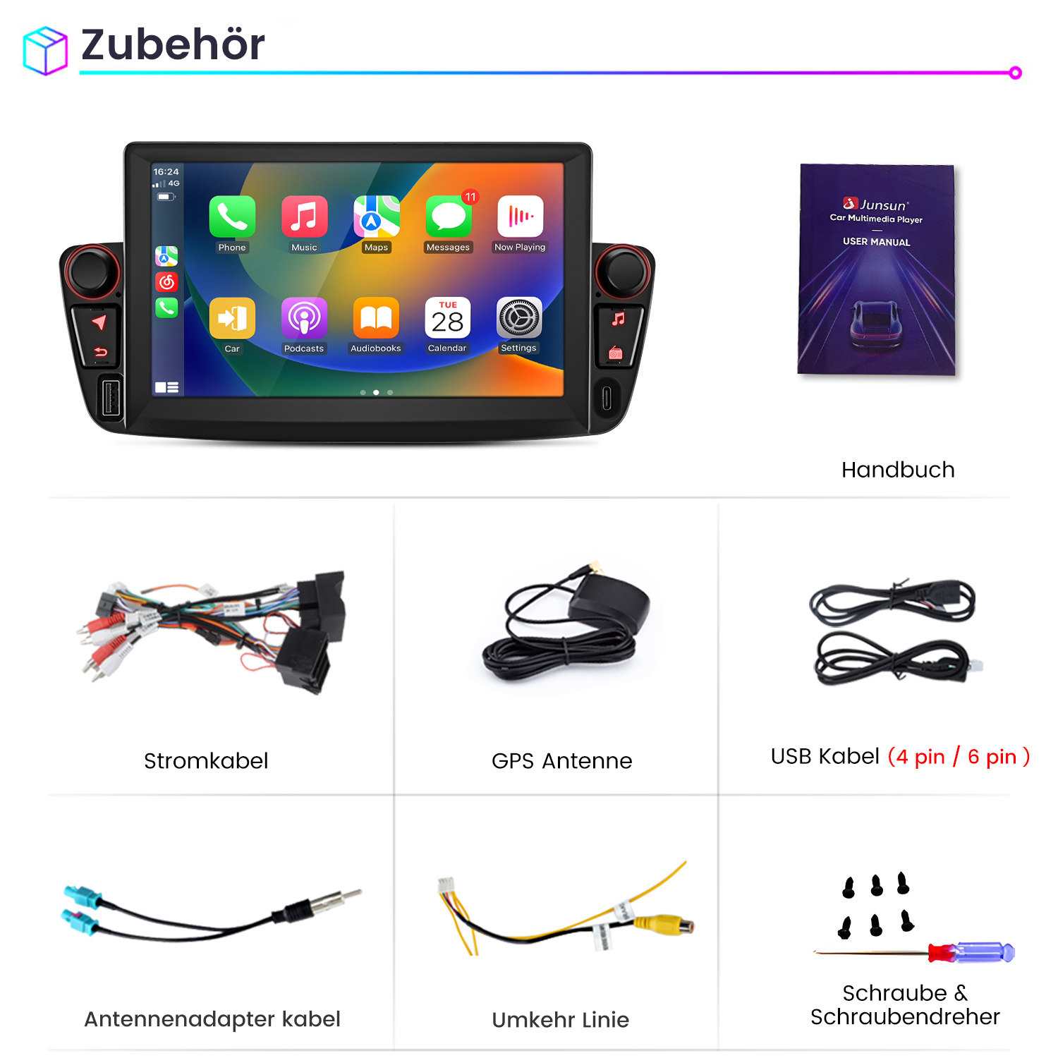 Zubehör für Auto-Multimedia-Player: Bildschirm, Handbuch, Kabel, Antenne, Schrauben.